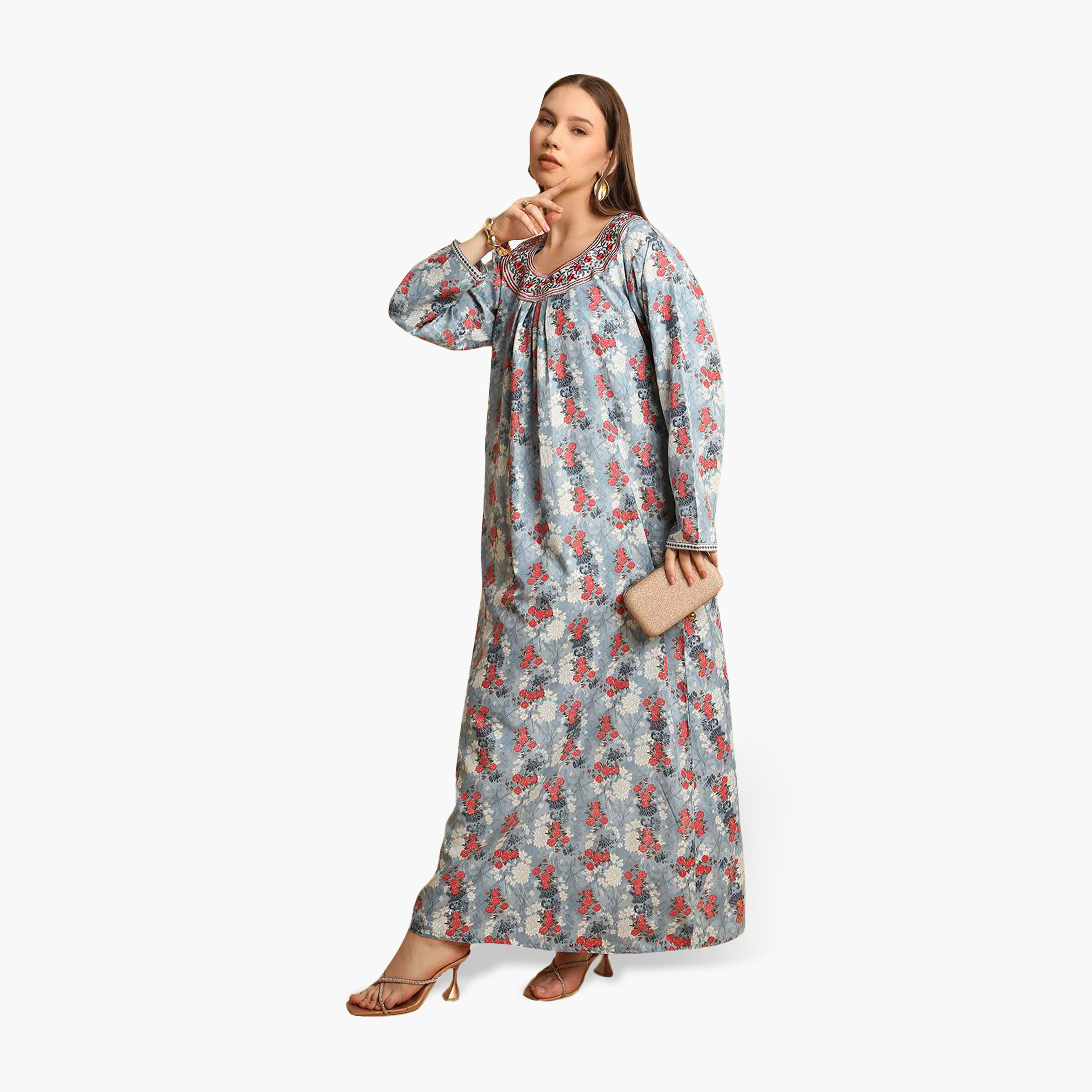 جلابية نسائية بياقة مطرزة وطبعة زهور من هنا أند سارة-women-arabicclothing-jalabiyas-image-13