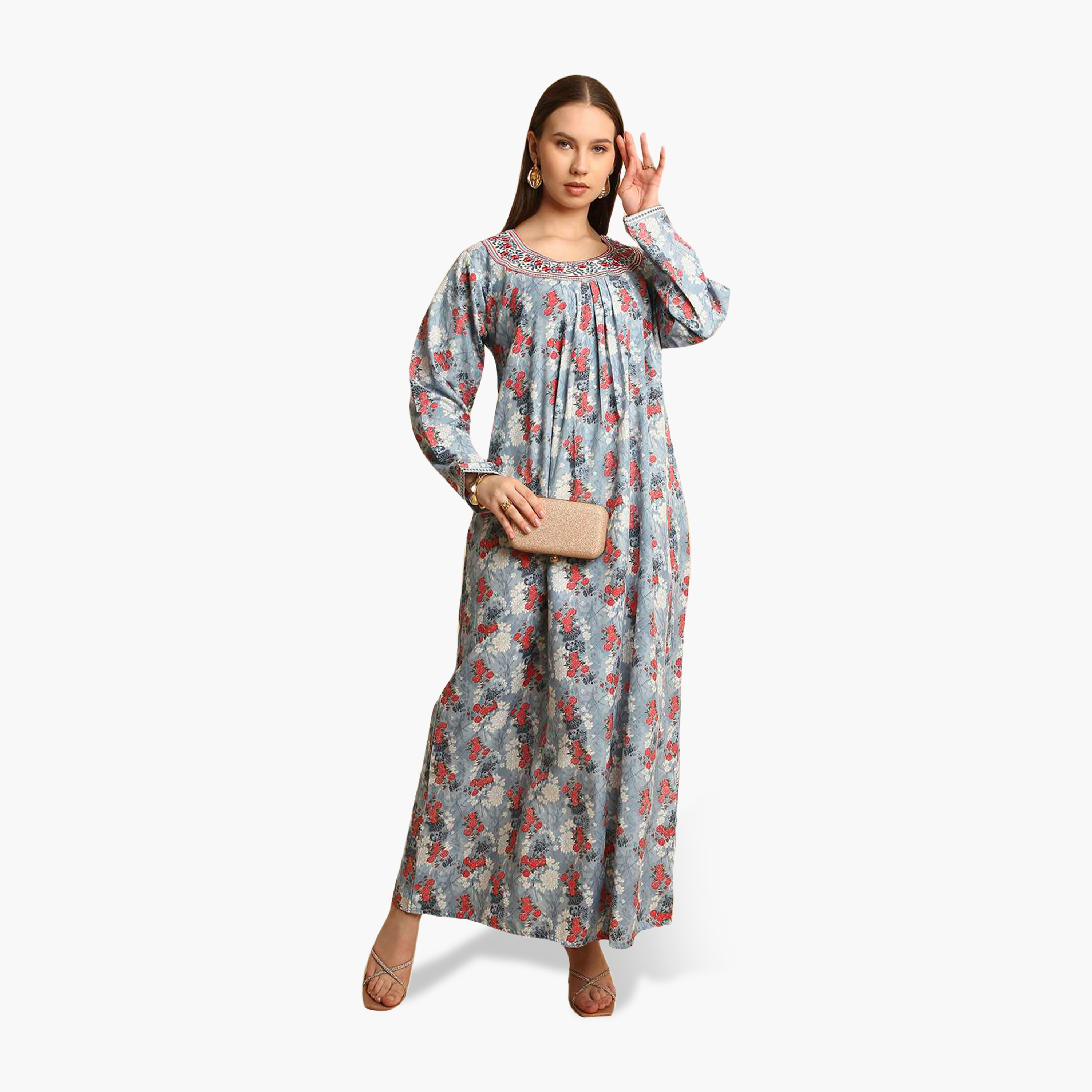 جلابية نسائية بياقة مطرزة وطبعة زهور من هنا أند سارة-women-arabicclothing-jalabiyas-image-14