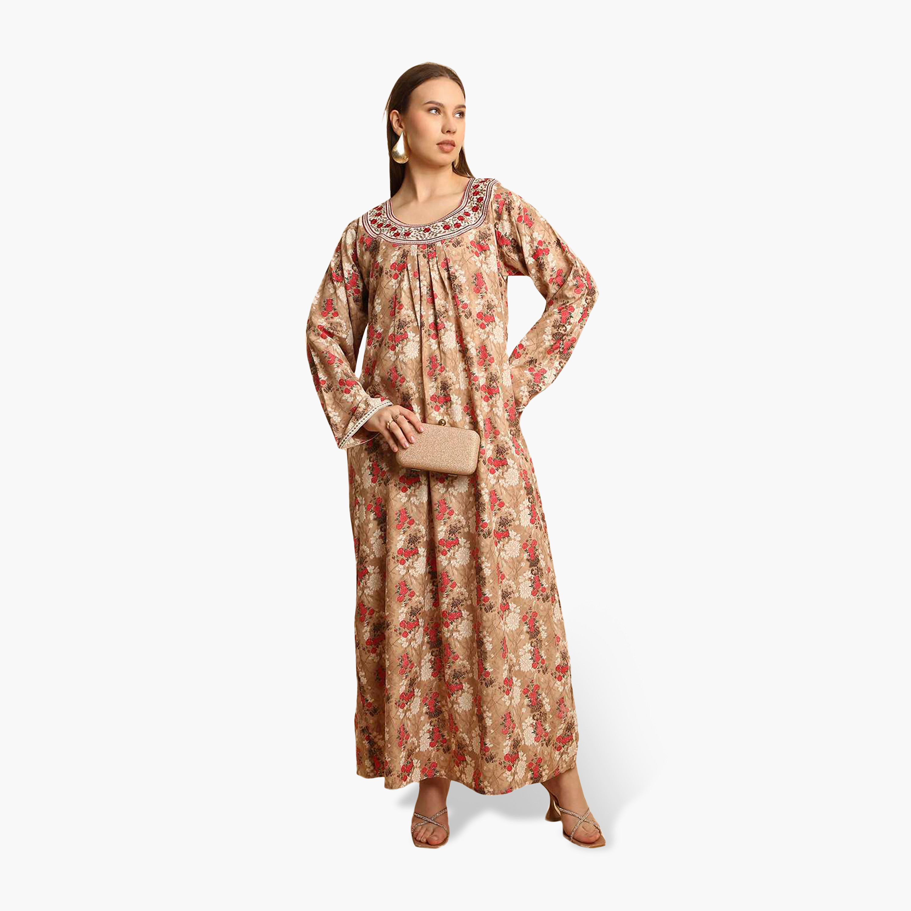 جلابية نسائية بياقة مطرزة وطبعة زهور من هنا أند سارة-women-arabicclothing-jalabiyas-image-6