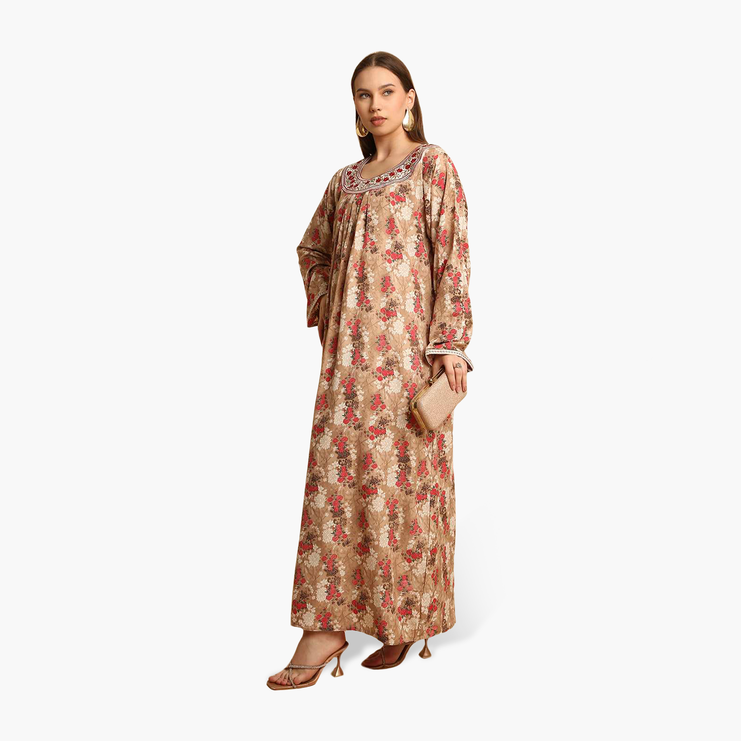 جلابية نسائية بياقة مطرزة وطبعة زهور من هنا أند سارة-women-arabicclothing-jalabiyas-image-8