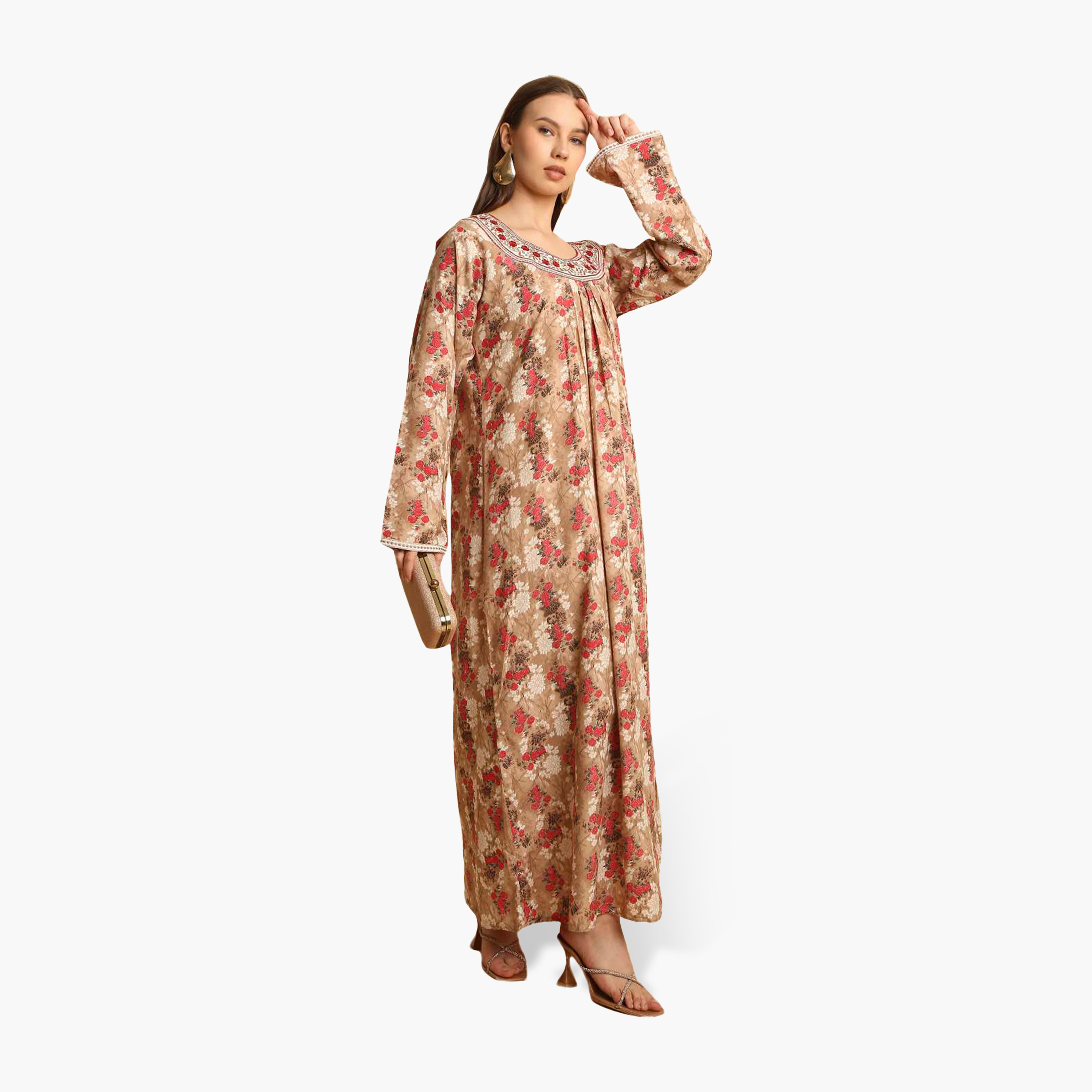 جلابية نسائية بياقة مطرزة وطبعة زهور من هنا أند سارة-women-arabicclothing-jalabiyas-image-9