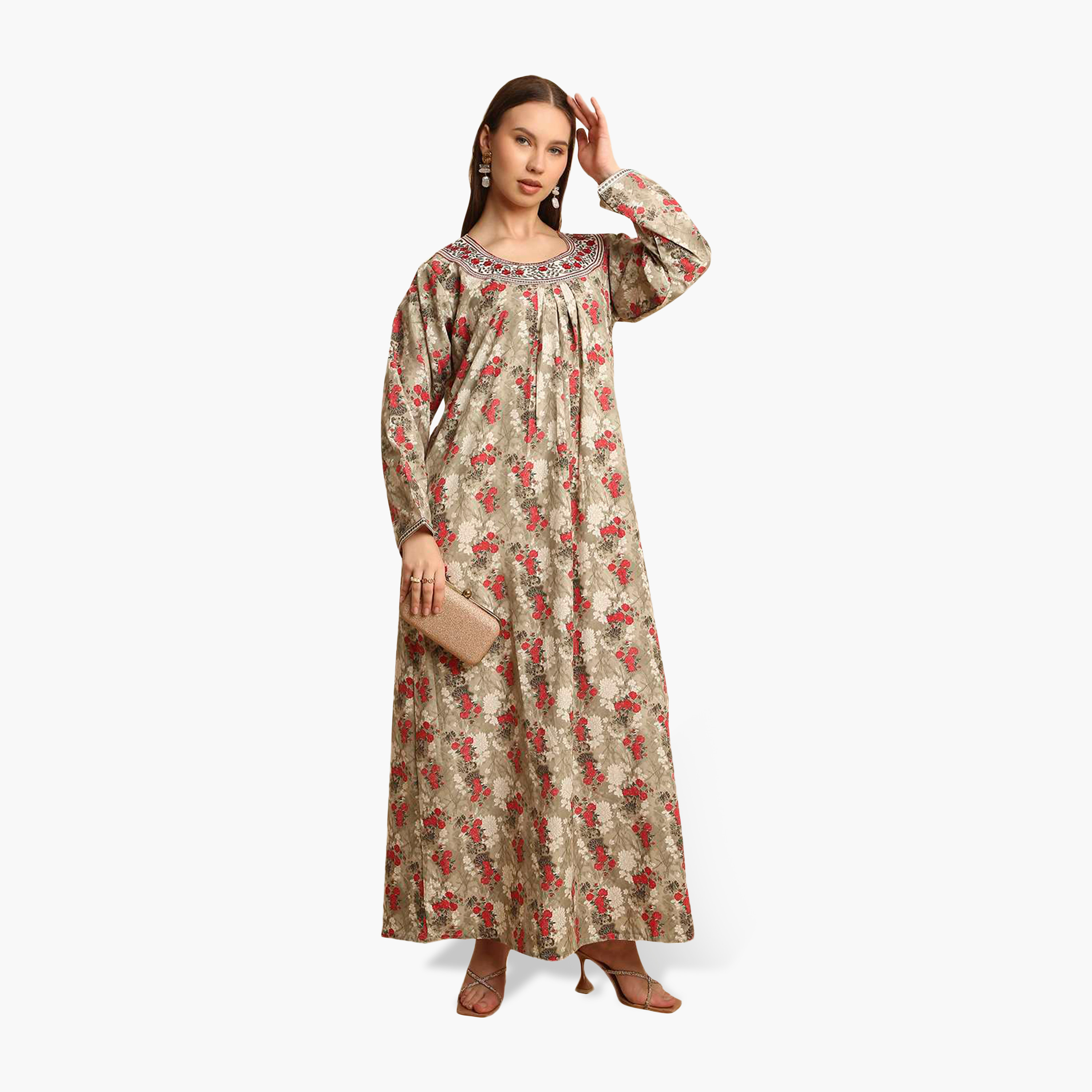 جلابية نسائية بياقة مطرزة وطبعة زهور من هنا أند سارة-women-arabicclothing-jalabiyas-image-1
