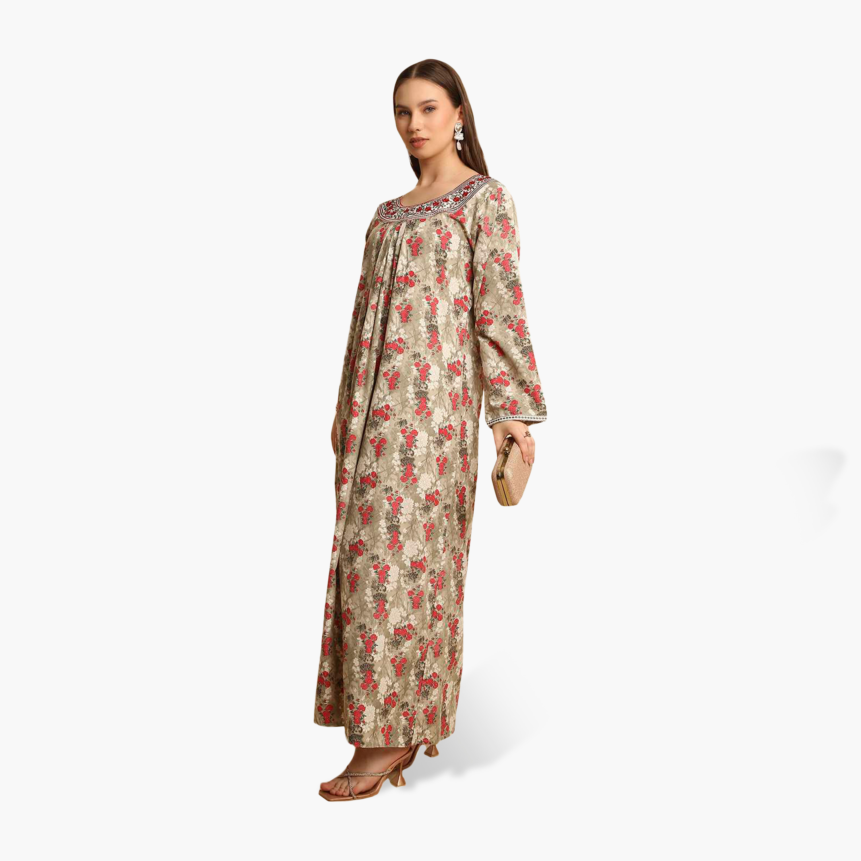 جلابية نسائية بياقة مطرزة وطبعة زهور من هنا أند سارة-women-arabicclothing-jalabiyas-image-3