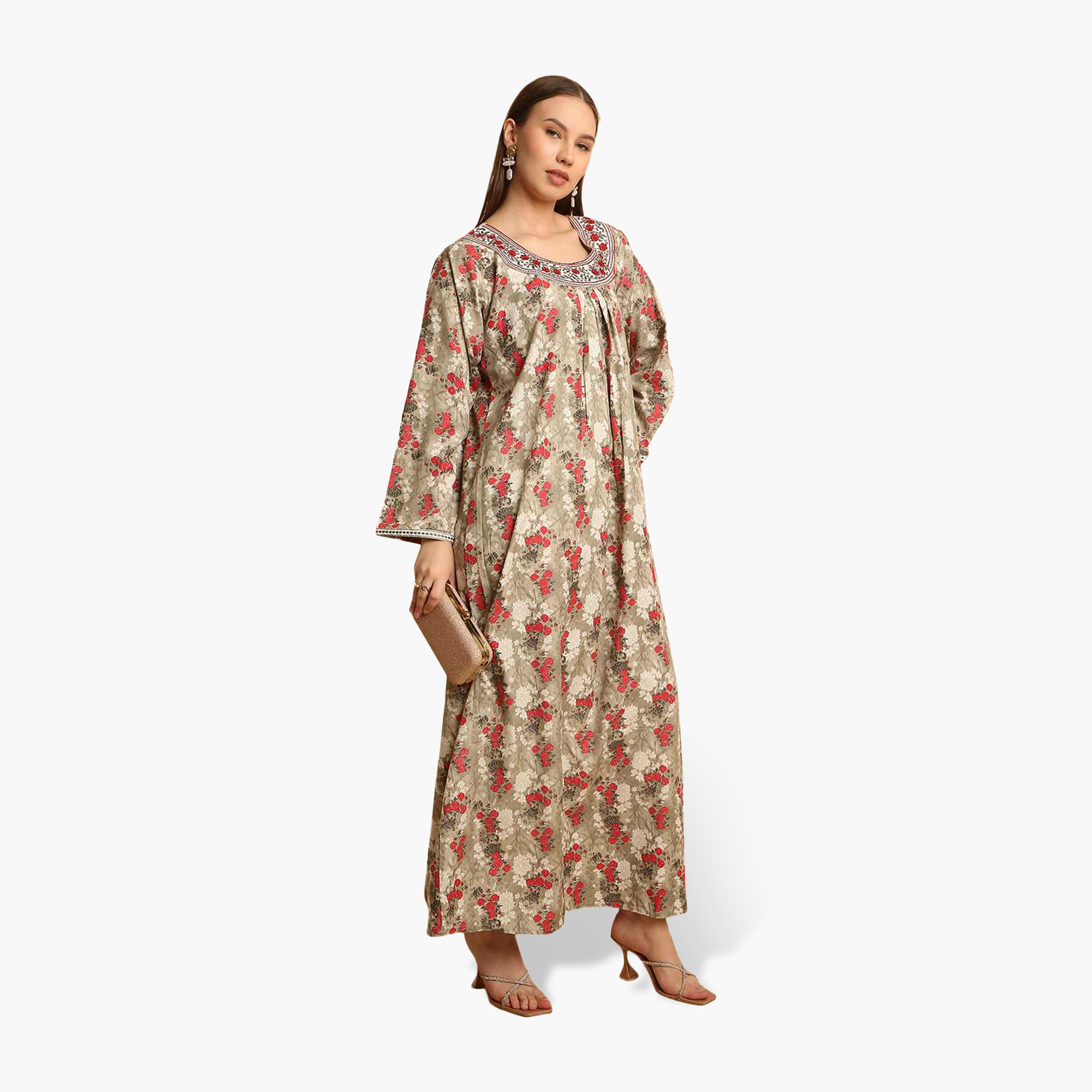 جلابية نسائية بياقة مطرزة وطبعة زهور من هنا أند سارة-women-arabicclothing-jalabiyas-image-4