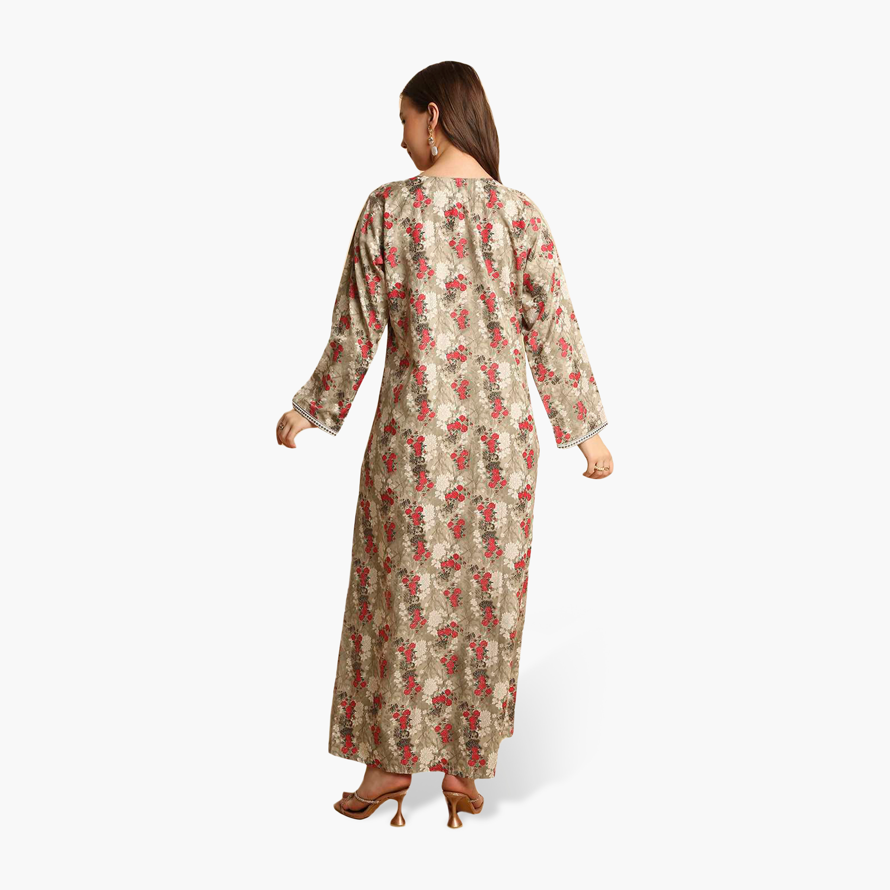 جلابية نسائية بياقة مطرزة وطبعة زهور من هنا أند سارة-women-arabicclothing-jalabiyas-image-5