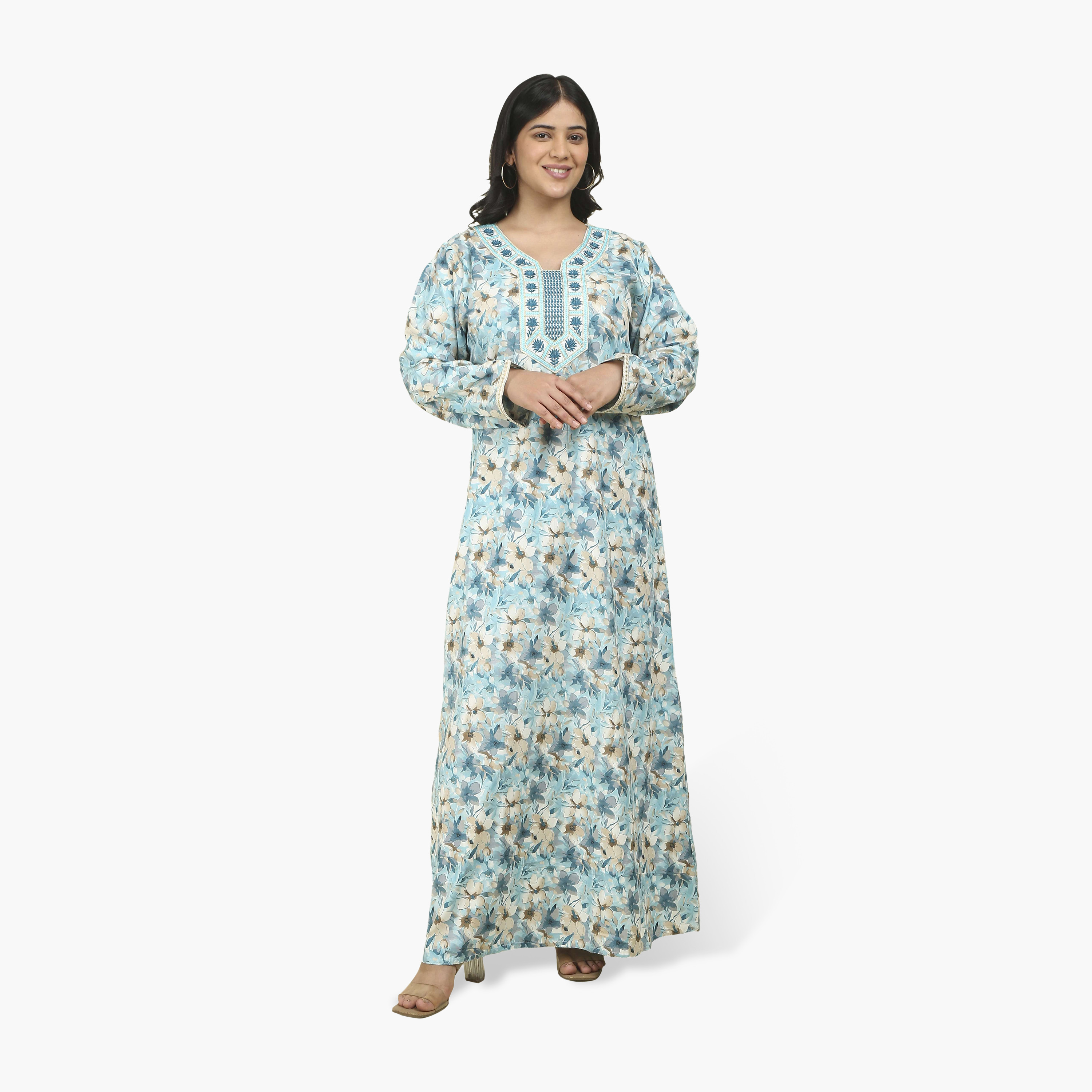 جلابية نسائية بصدرية مطرزة وطبعة زهور من هنا أند سارة-women-arabicclothing-jalabiyas-image-1