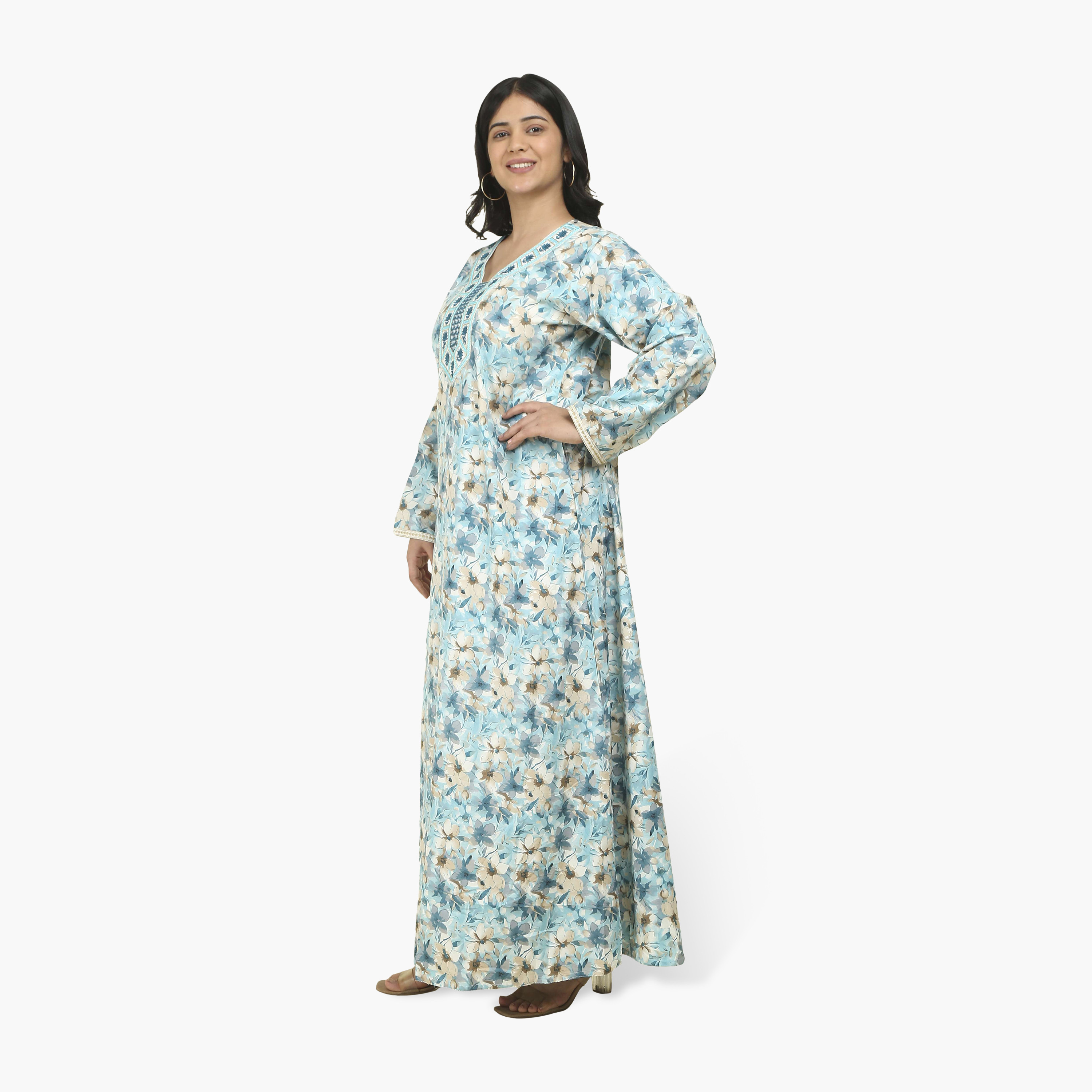 جلابية نسائية بصدرية مطرزة وطبعة زهور من هنا أند سارة-women-arabicclothing-jalabiyas-image-4