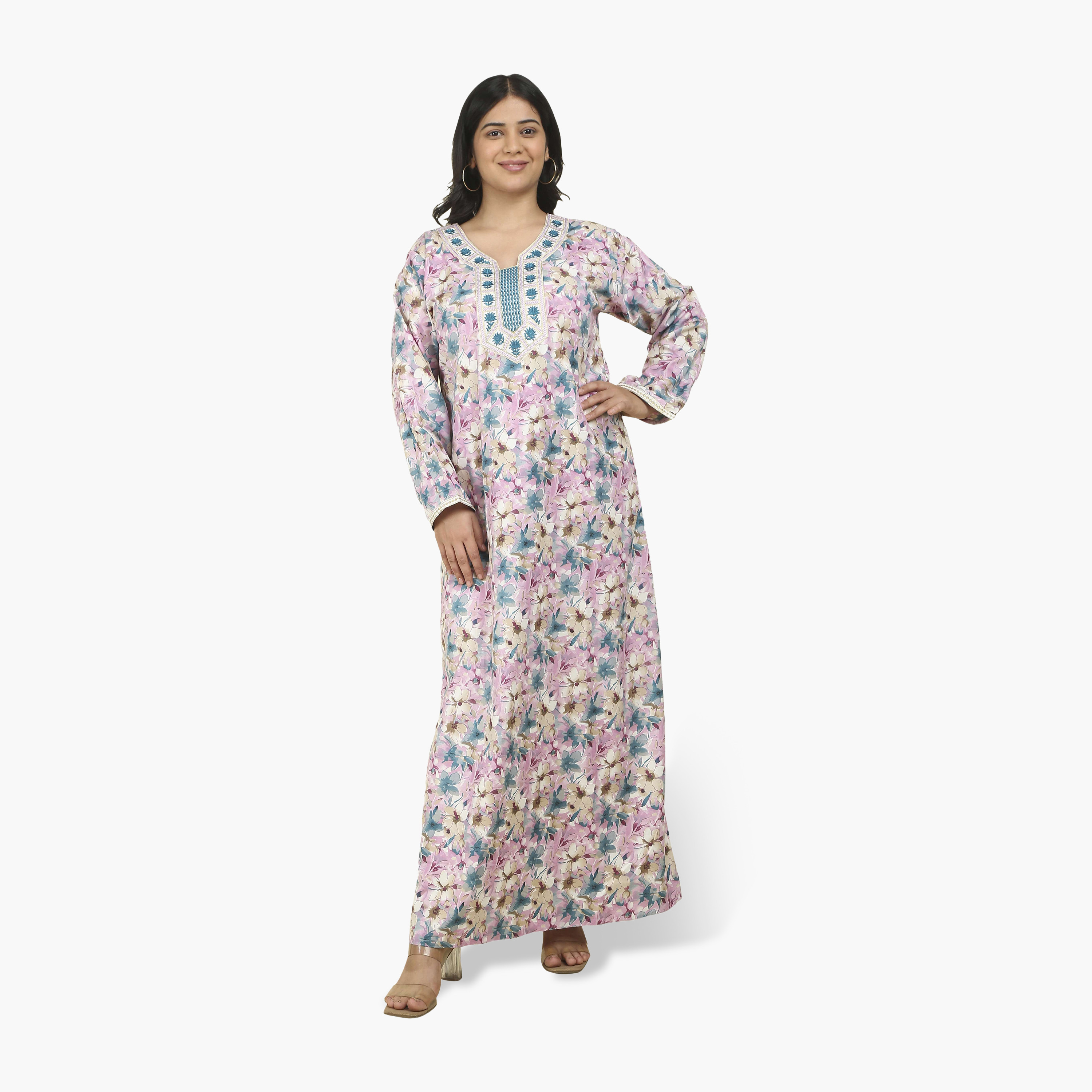 جلابية نسائية بصدرية مطرزة وطبعة زهور من هنا أند سارة-women-arabicclothing-jalabiyas-image-11