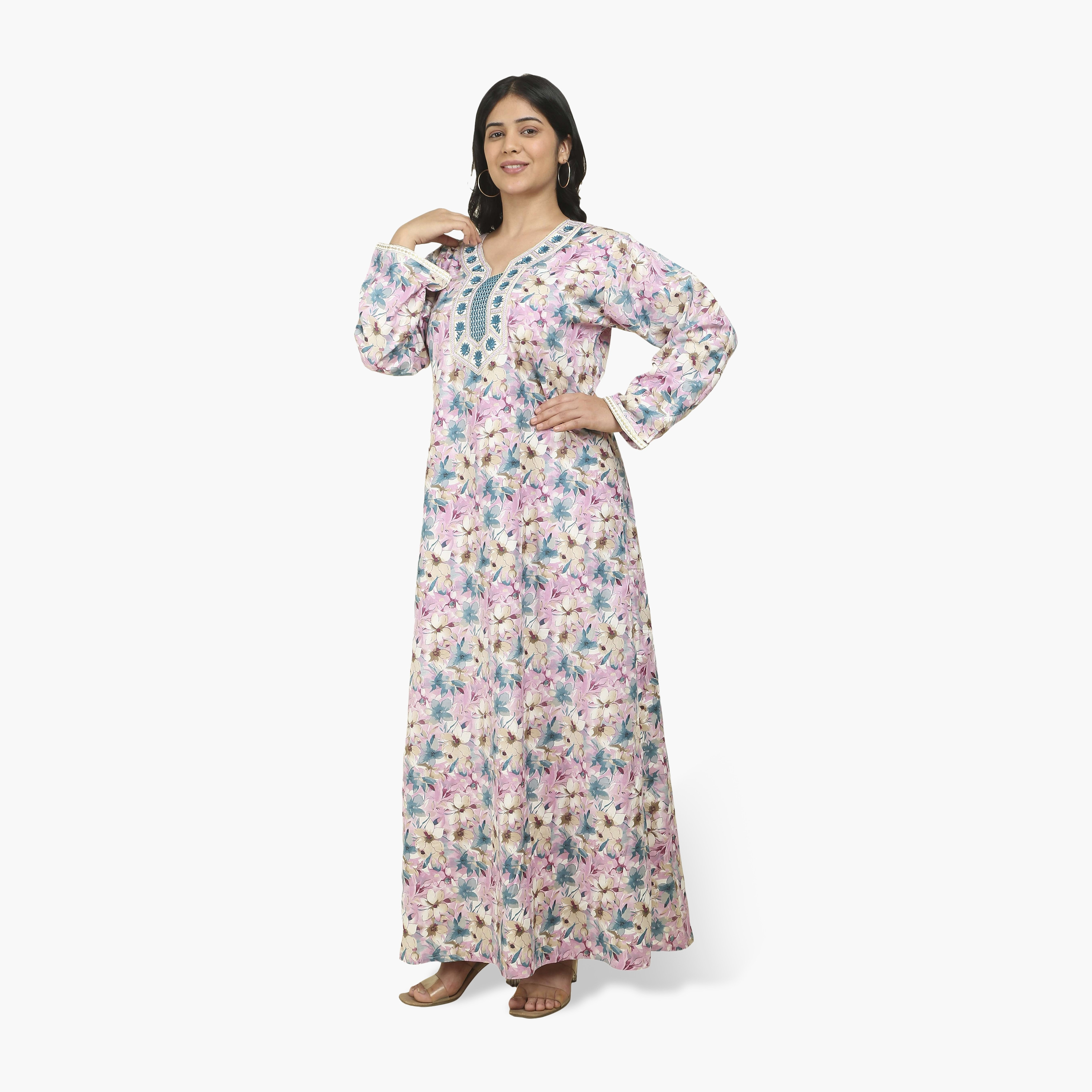 جلابية نسائية بصدرية مطرزة وطبعة زهور من هنا أند سارة-women-arabicclothing-jalabiyas-image-14