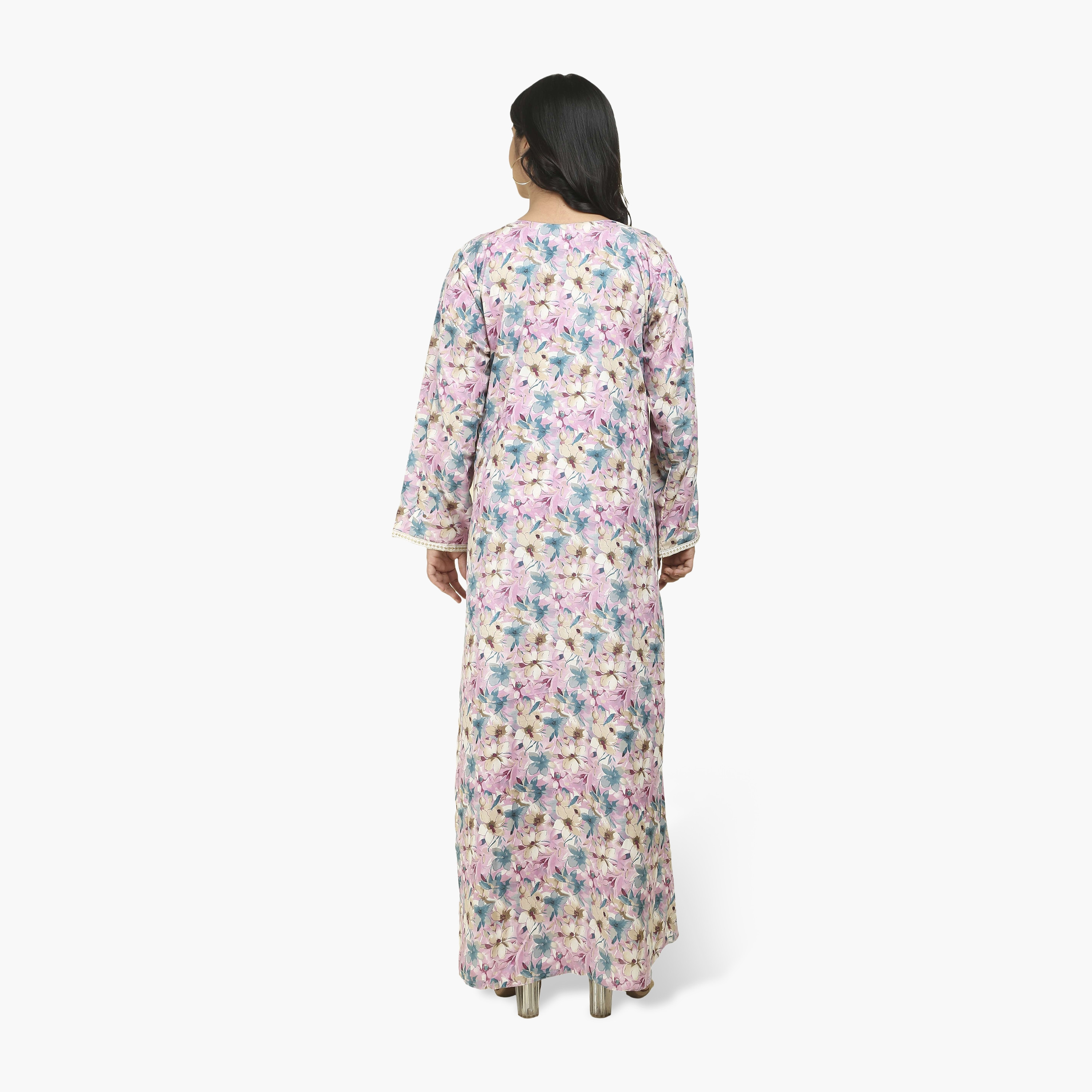 جلابية نسائية بصدرية مطرزة وطبعة زهور من هنا أند سارة-women-arabicclothing-jalabiyas-image-15
