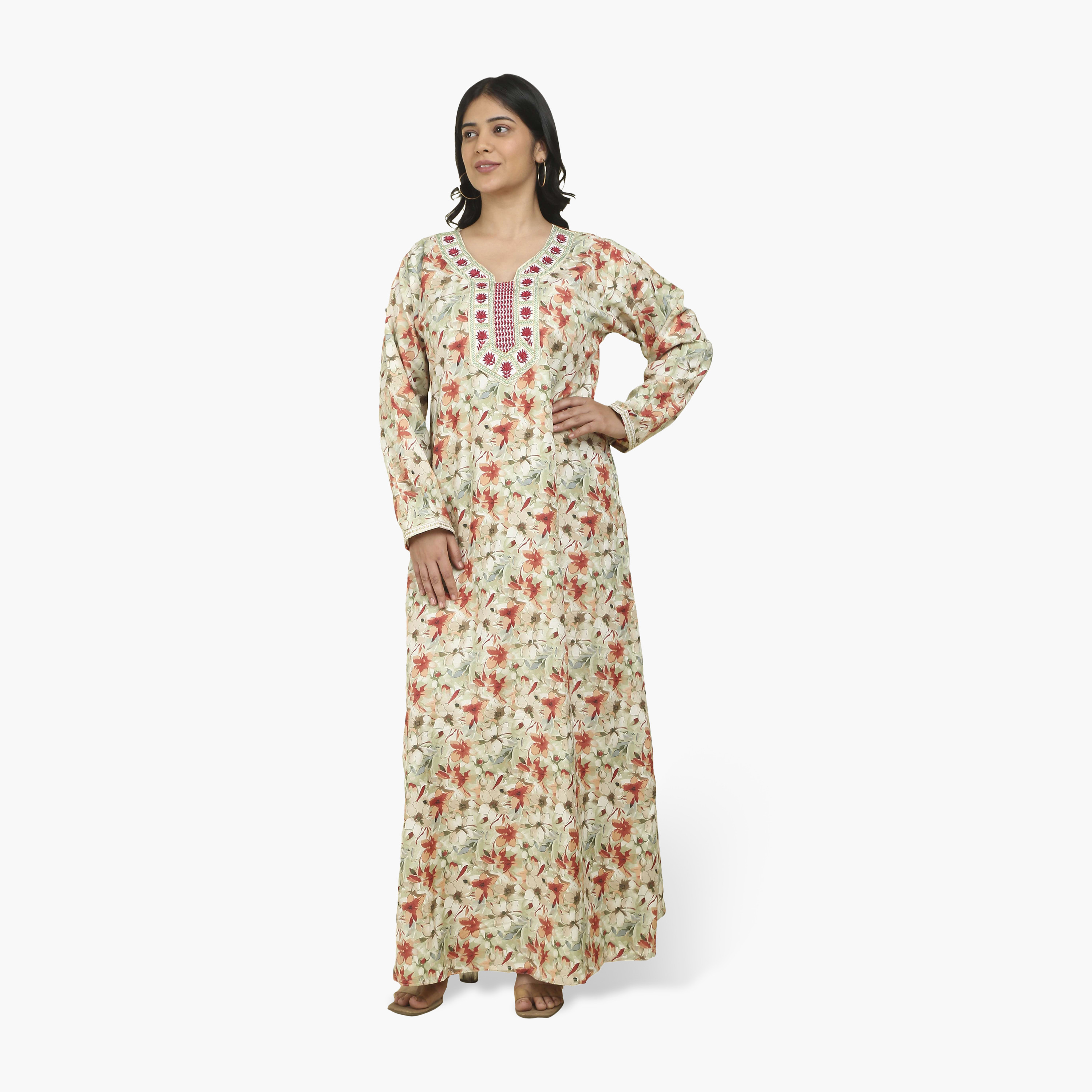 جلابية نسائية بصدرية مطرزة وطبعة زهور من هنا أند سارة-women-arabicclothing-jalabiyas-image-1