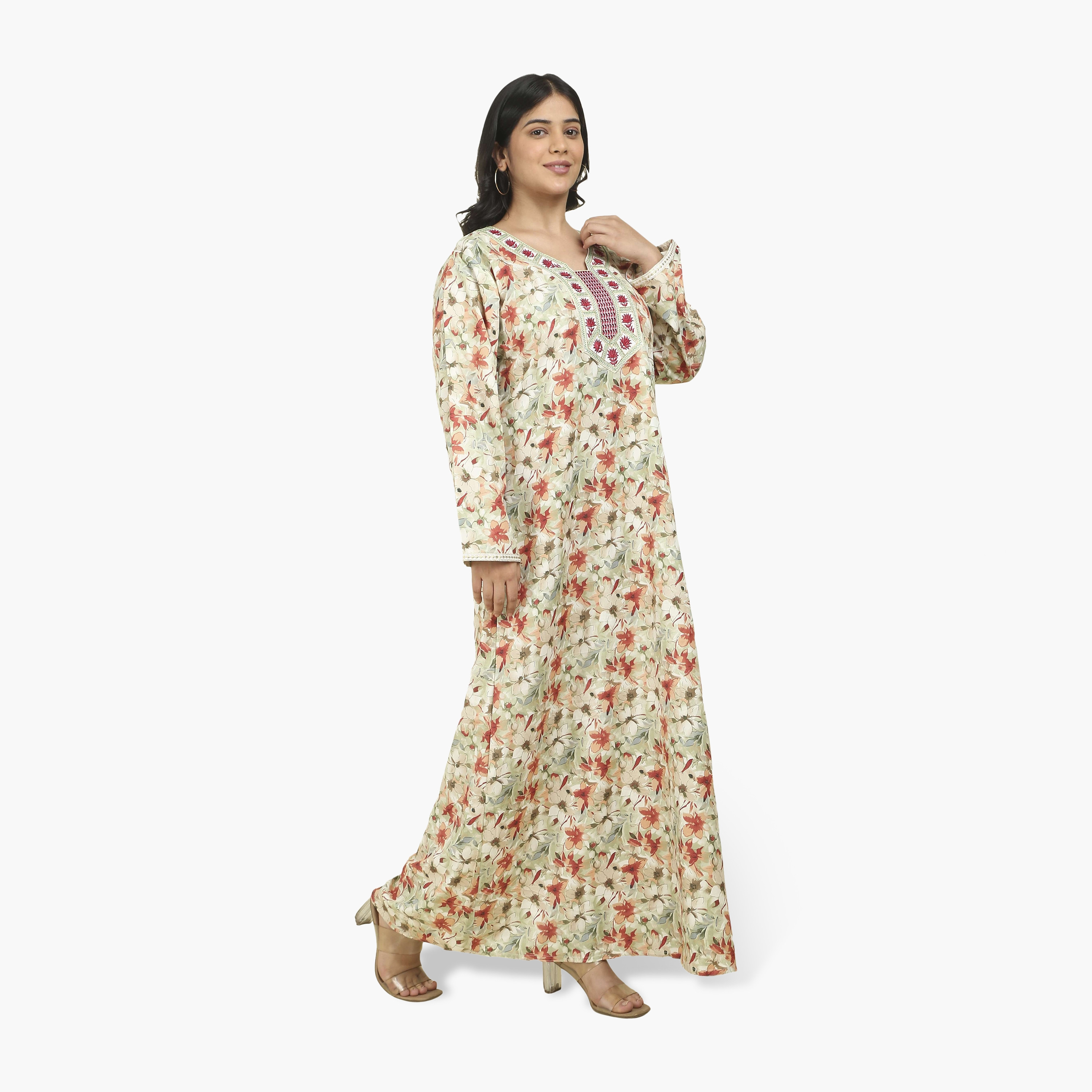 جلابية نسائية بصدرية مطرزة وطبعة زهور من هنا أند سارة-women-arabicclothing-jalabiyas-image-4