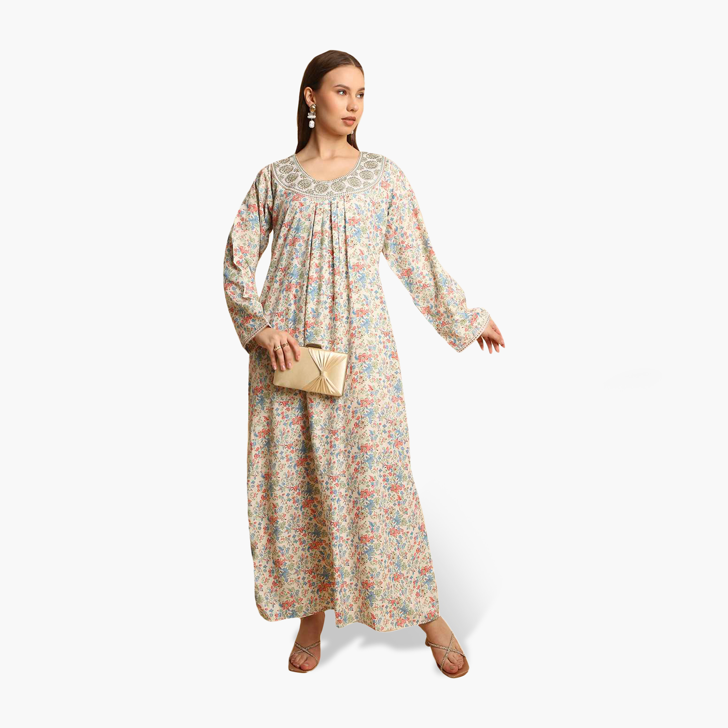 HanaandSara Floral Print Embroidered Neck Women's Jalabiya-women-arabicclothing-jalabiyas-image-6