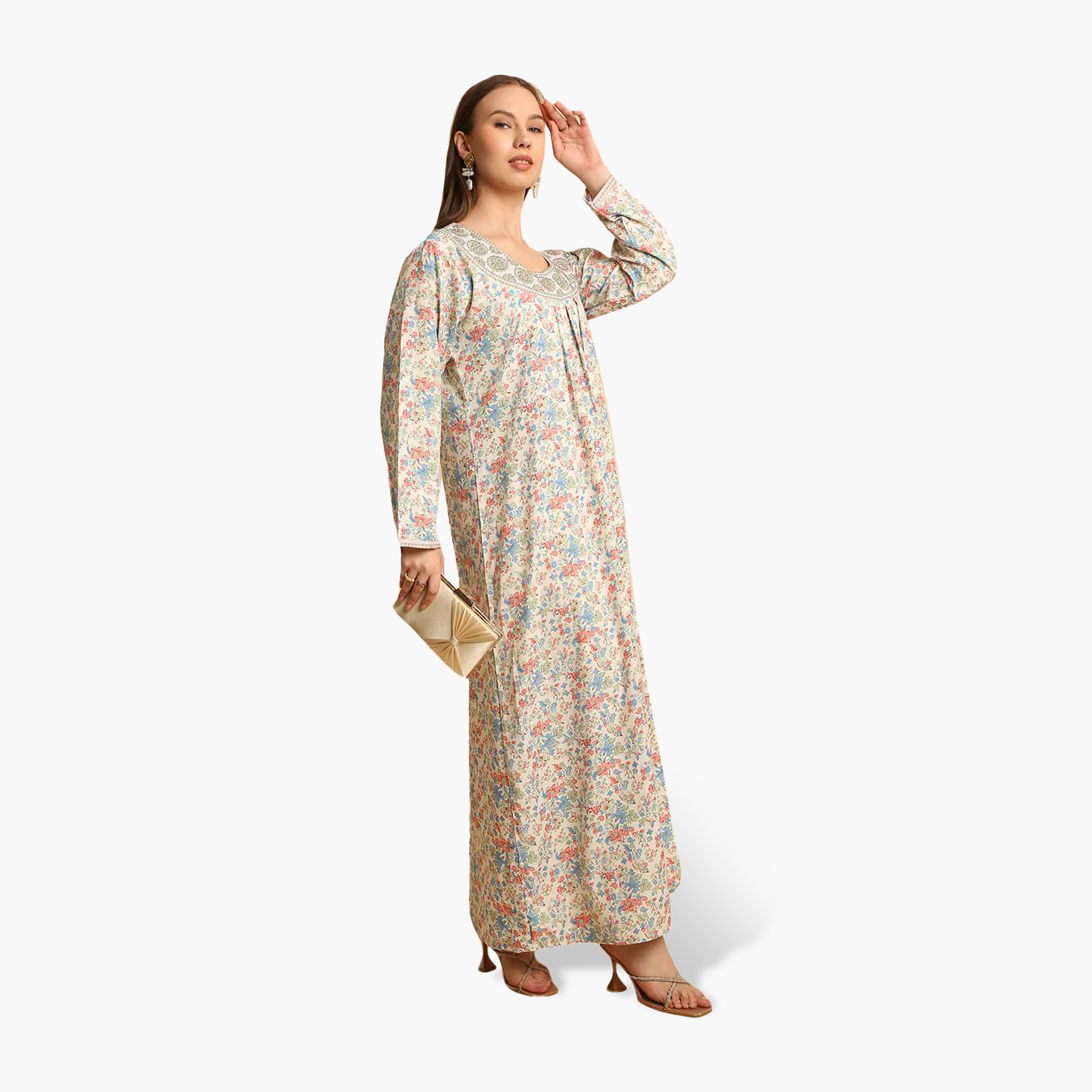 HanaandSara Floral Print Embroidered Neck Women's Jalabiya-women-arabicclothing-jalabiyas-image-9
