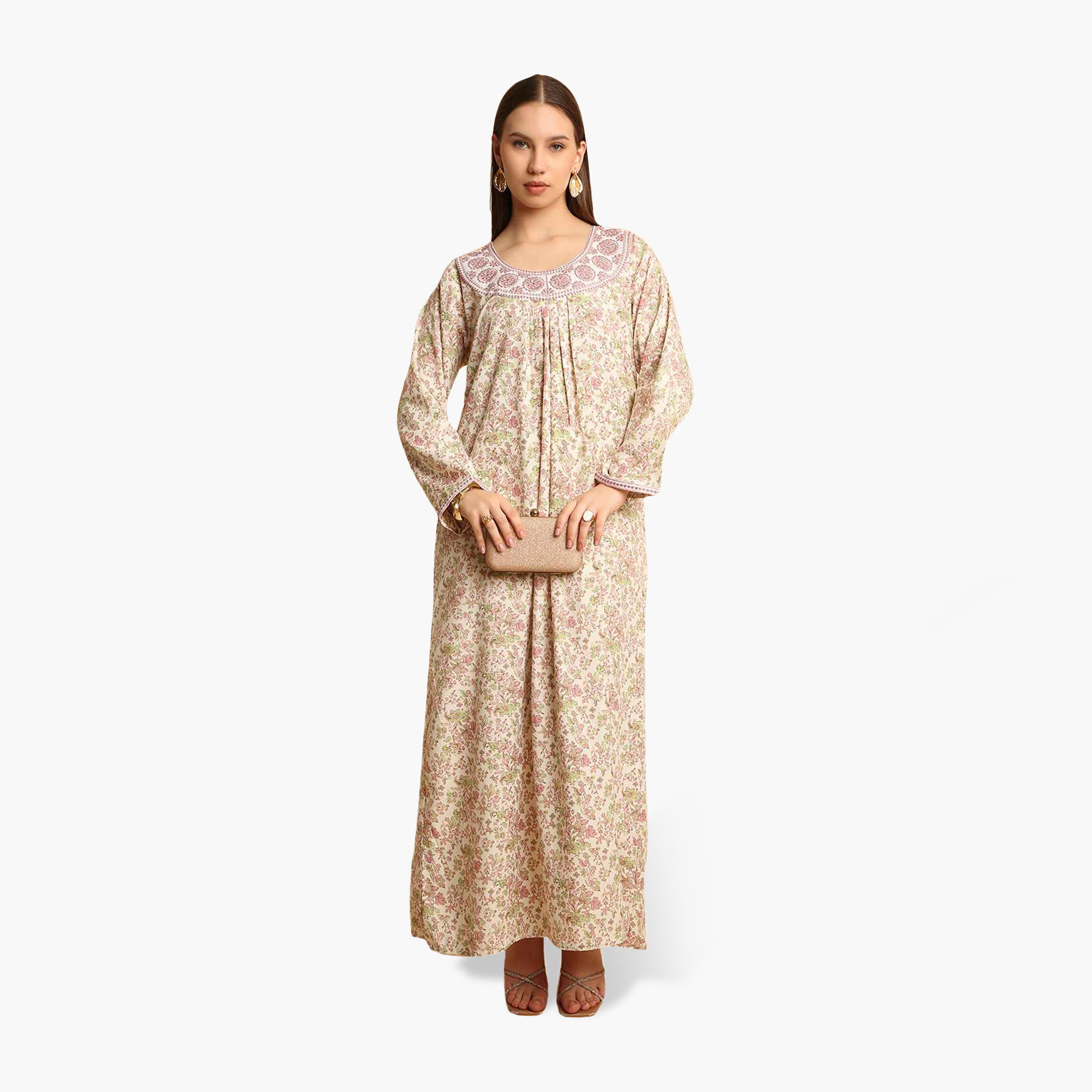 HanaandSara Floral Print Embroidered Neck Women's Jalabiya-women-arabicclothing-jalabiyas-image-11