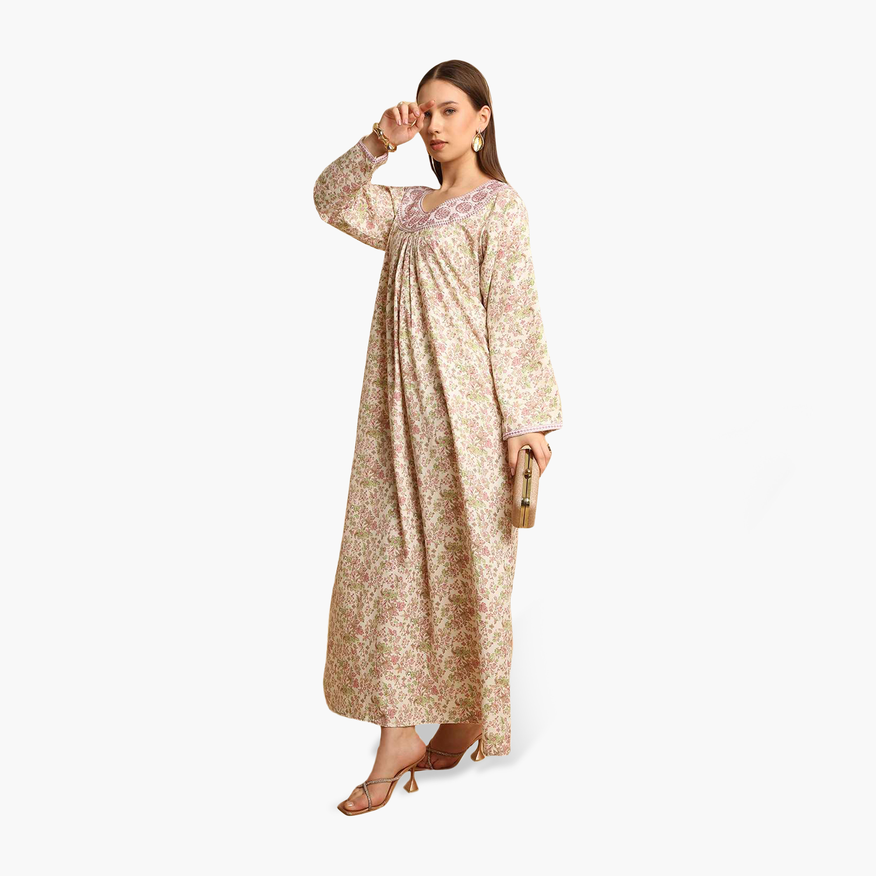 HanaandSara Floral Print Embroidered Neck Women's Jalabiya-women-arabicclothing-jalabiyas-image-12