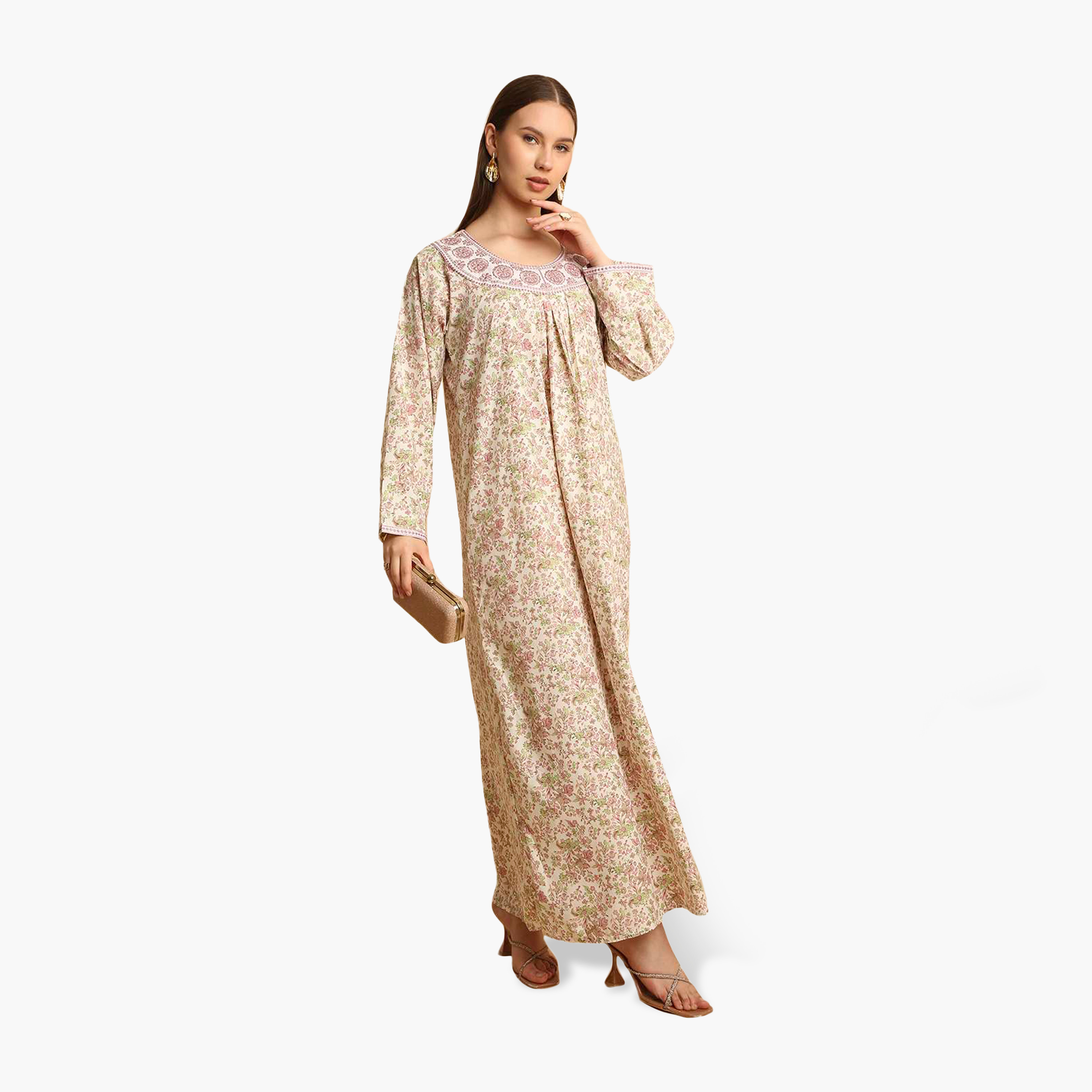 HanaandSara Floral Print Embroidered Neck Women's Jalabiya-women-arabicclothing-jalabiyas-image-13