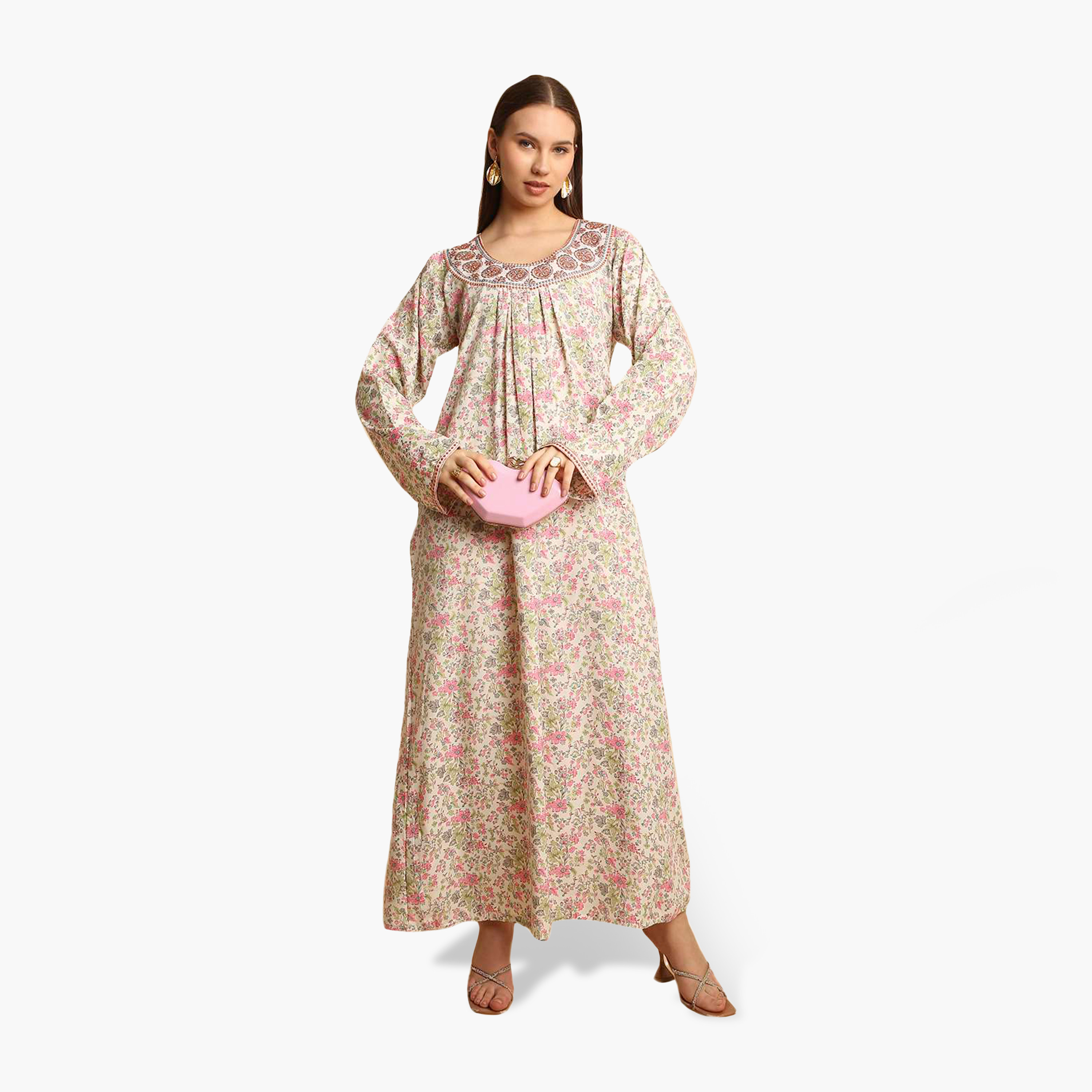 HanaandSara Floral Print Embroidered Neck Women's Jalabiya-women-arabicclothing-jalabiyas-image-1