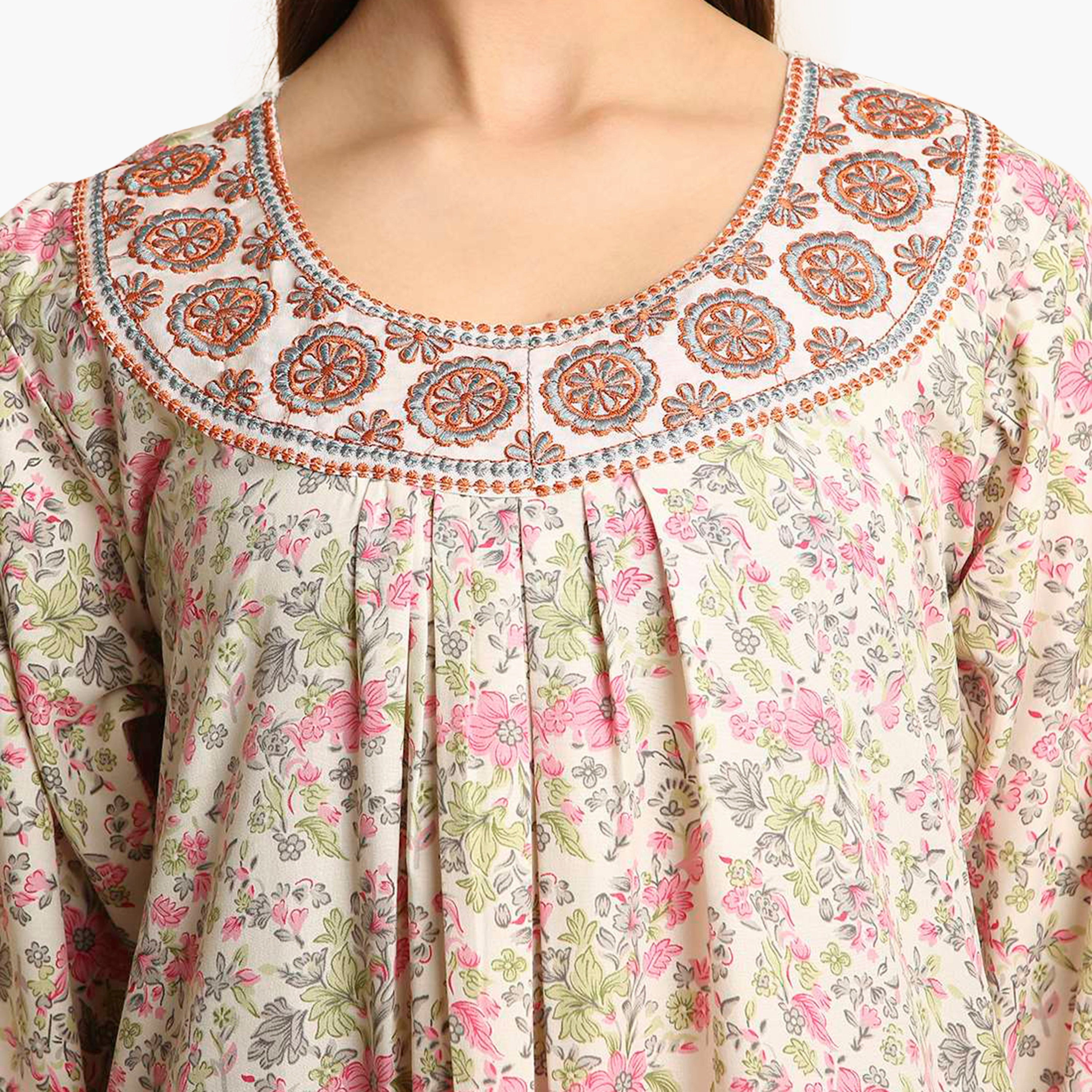 HanaandSara Floral Print Embroidered Neck Women's Jalabiya-women-arabicclothing-jalabiyas-image-2