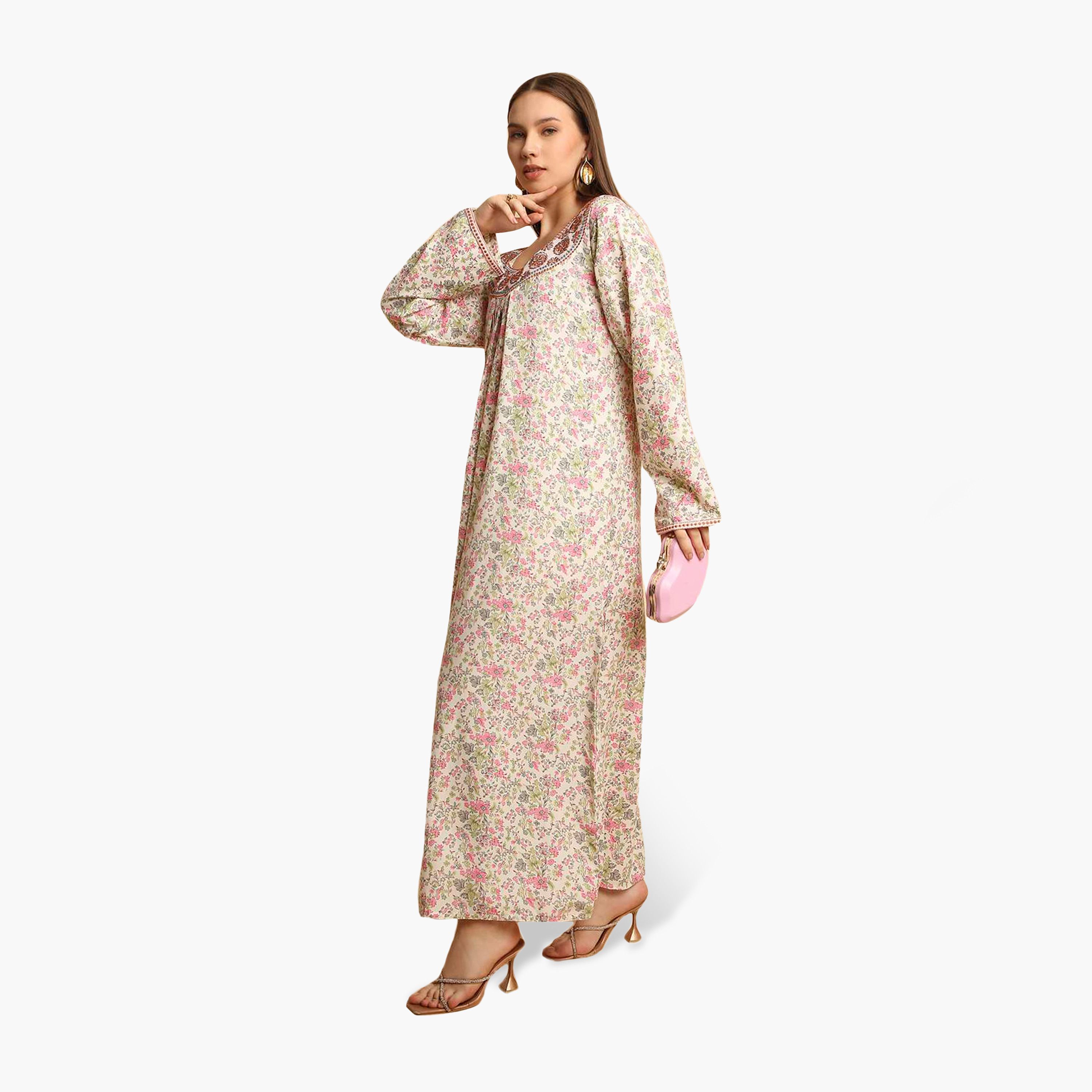HanaandSara Floral Print Embroidered Neck Women's Jalabiya-women-arabicclothing-jalabiyas-image-3