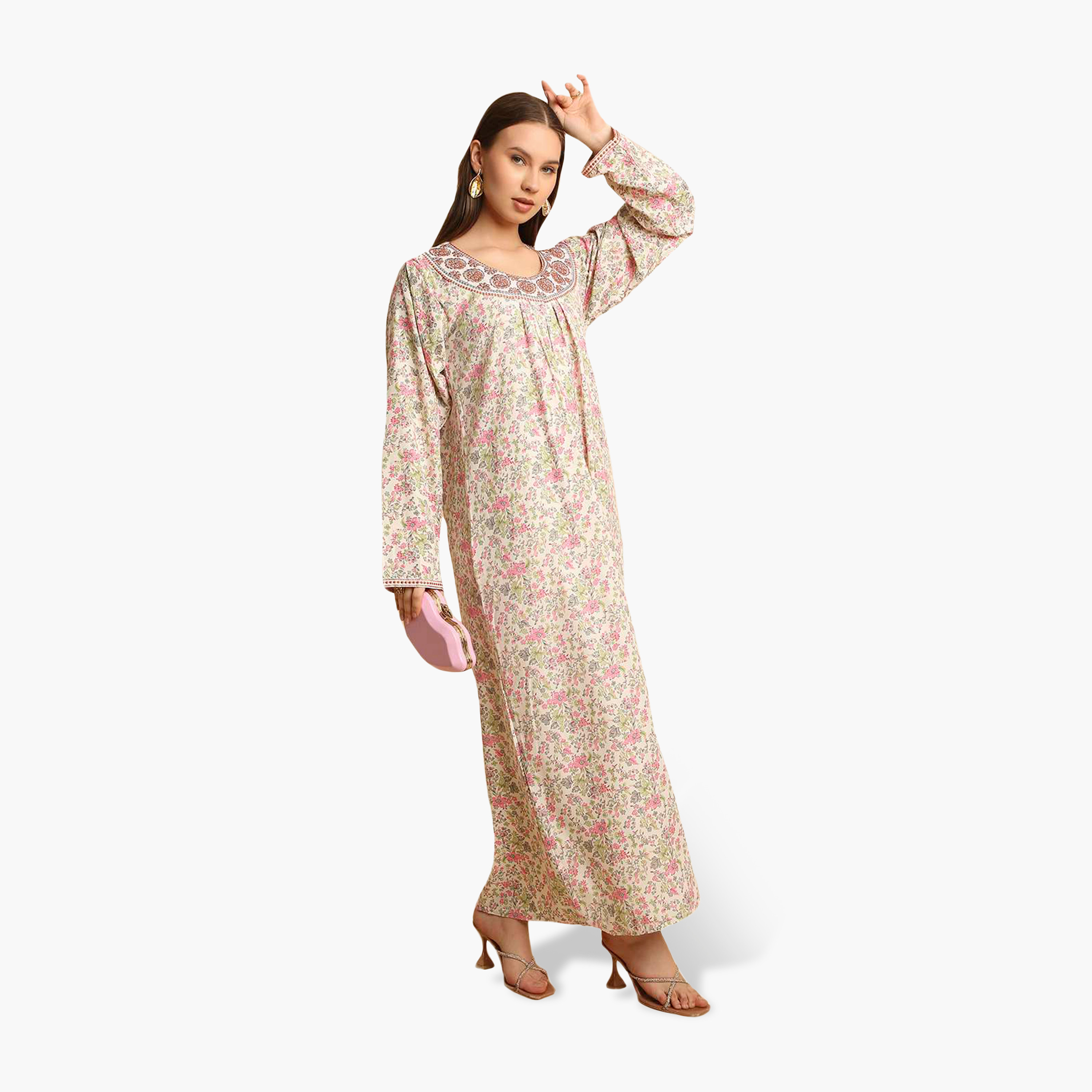جلابية نسائية بياقة مطرزة وطبعة زهور من هنا أند سارة-women-arabicclothing-jalabiyas-image-4
