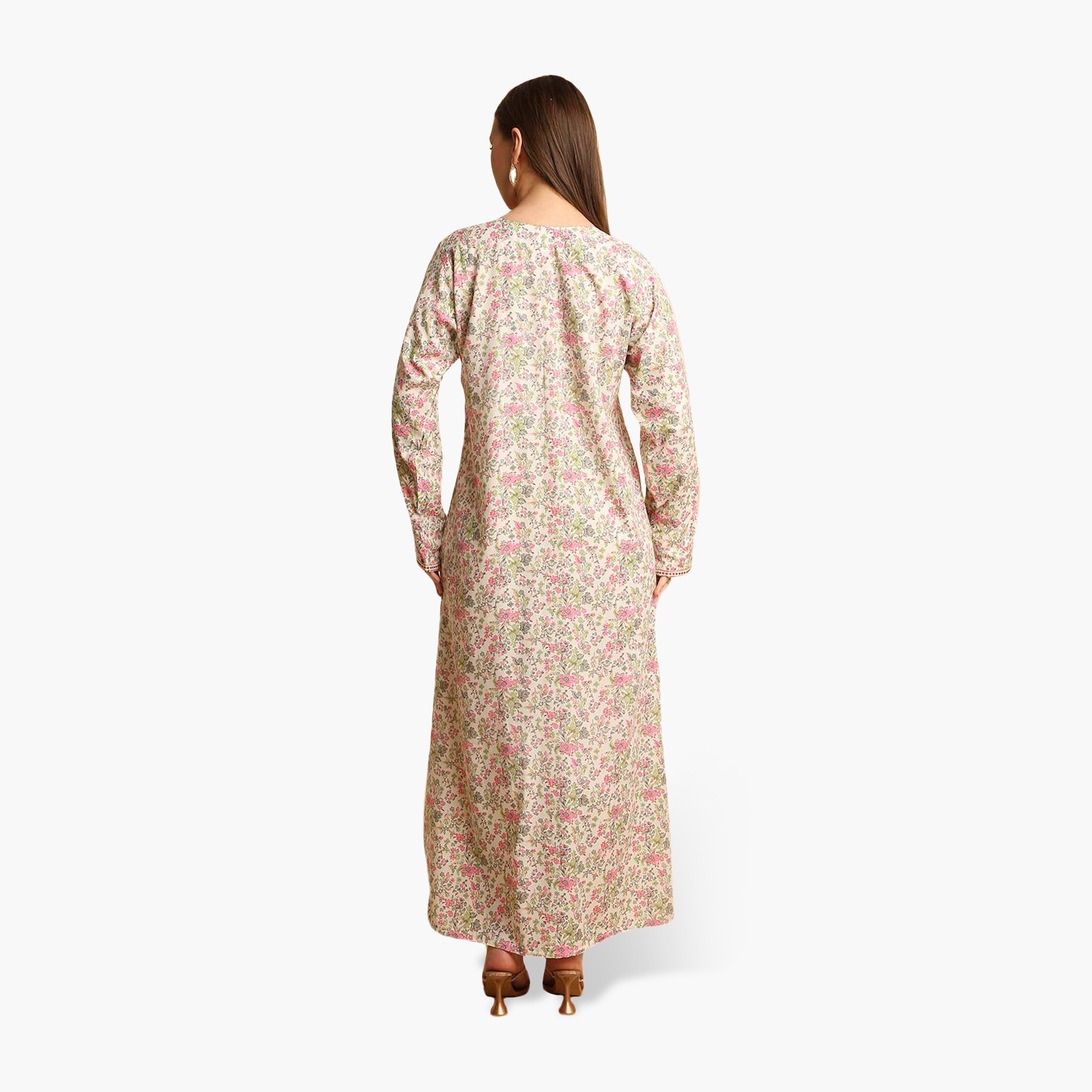 جلابية نسائية بياقة مطرزة وطبعة زهور من هنا أند سارة-women-arabicclothing-jalabiyas-image-5