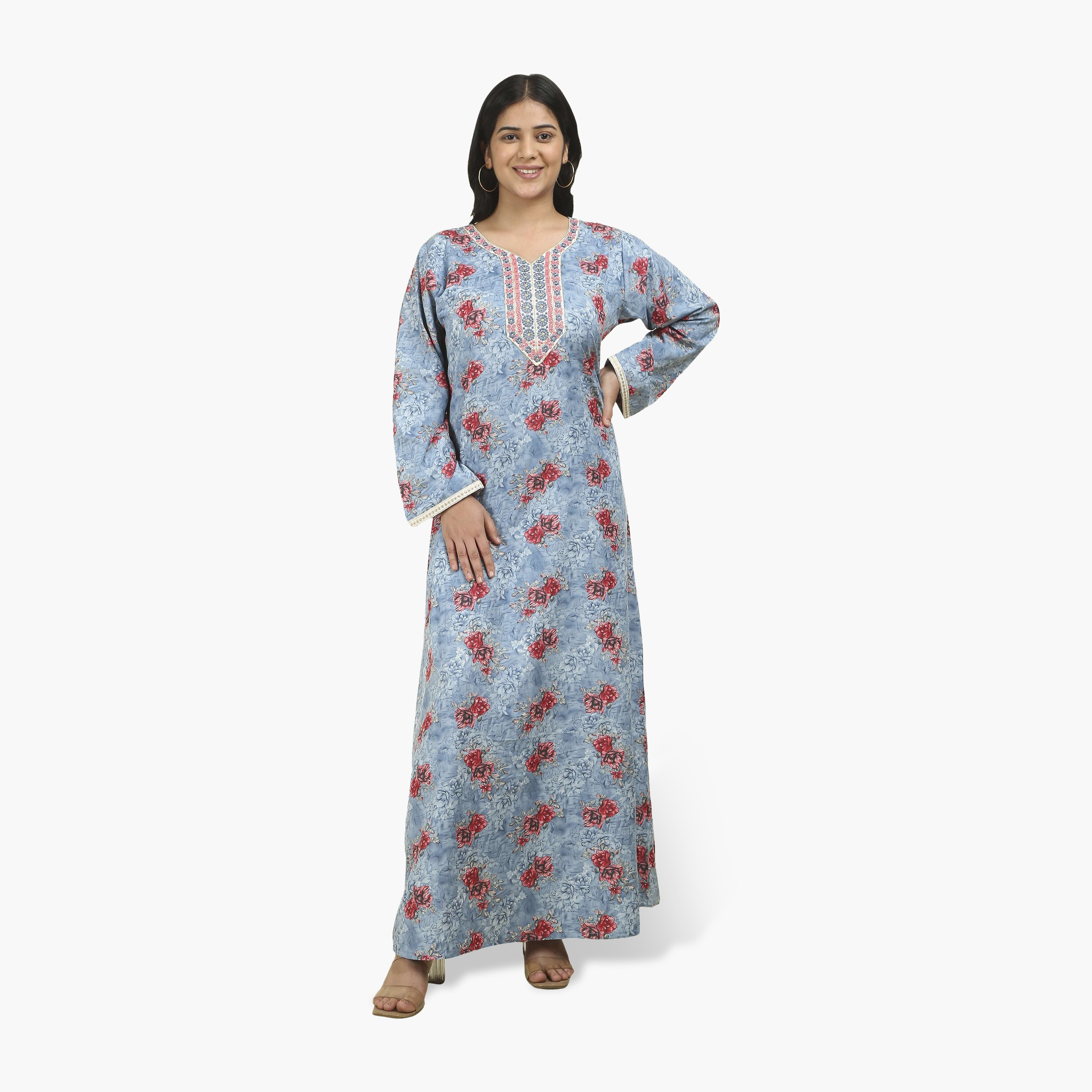 جلابية نسائية بصدرية مطرزة وطبعة زهور من هنا أند سارة-women-arabicclothing-jalabiyas-image-6