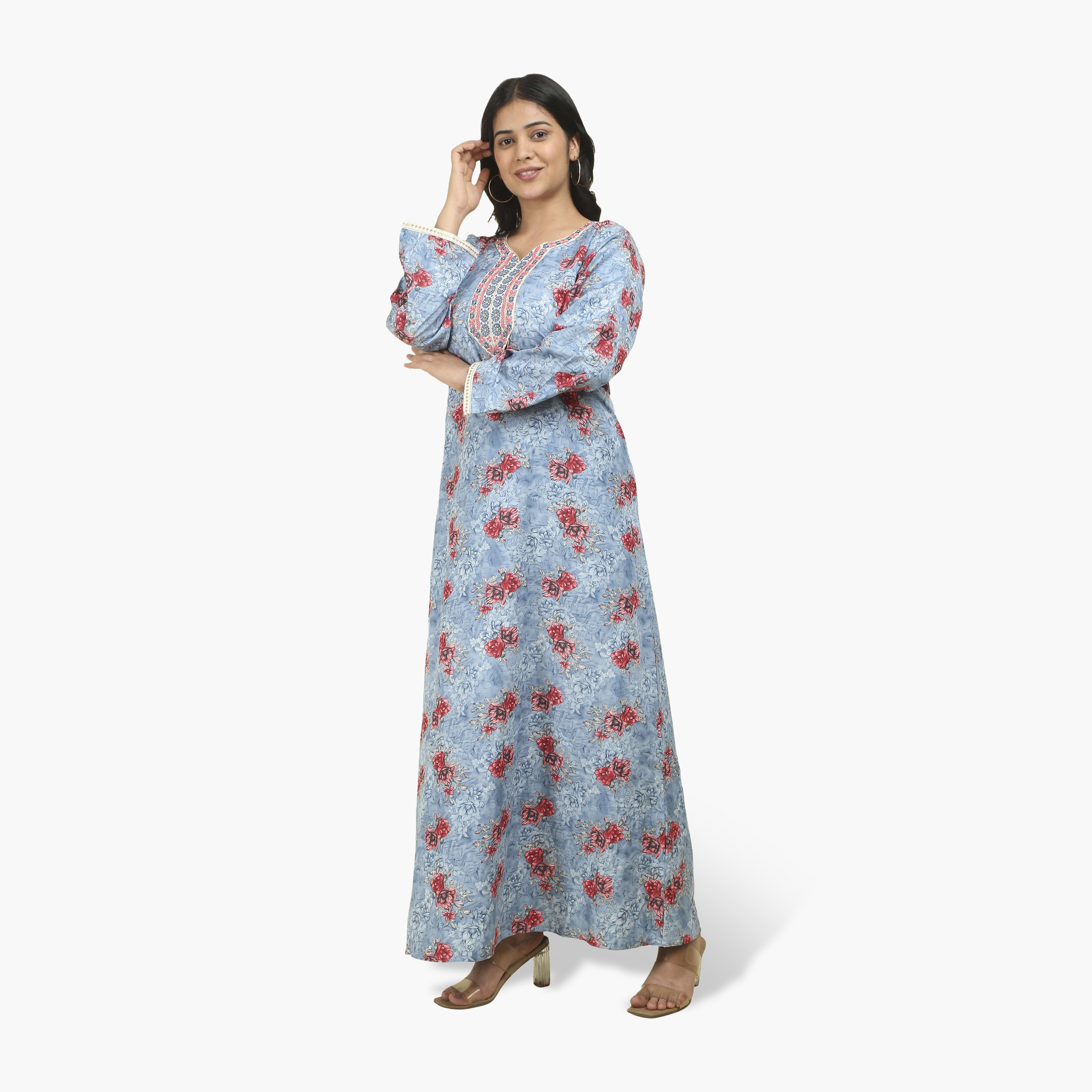 جلابية نسائية بصدرية مطرزة وطبعة زهور من هنا أند سارة-women-arabicclothing-jalabiyas-image-9