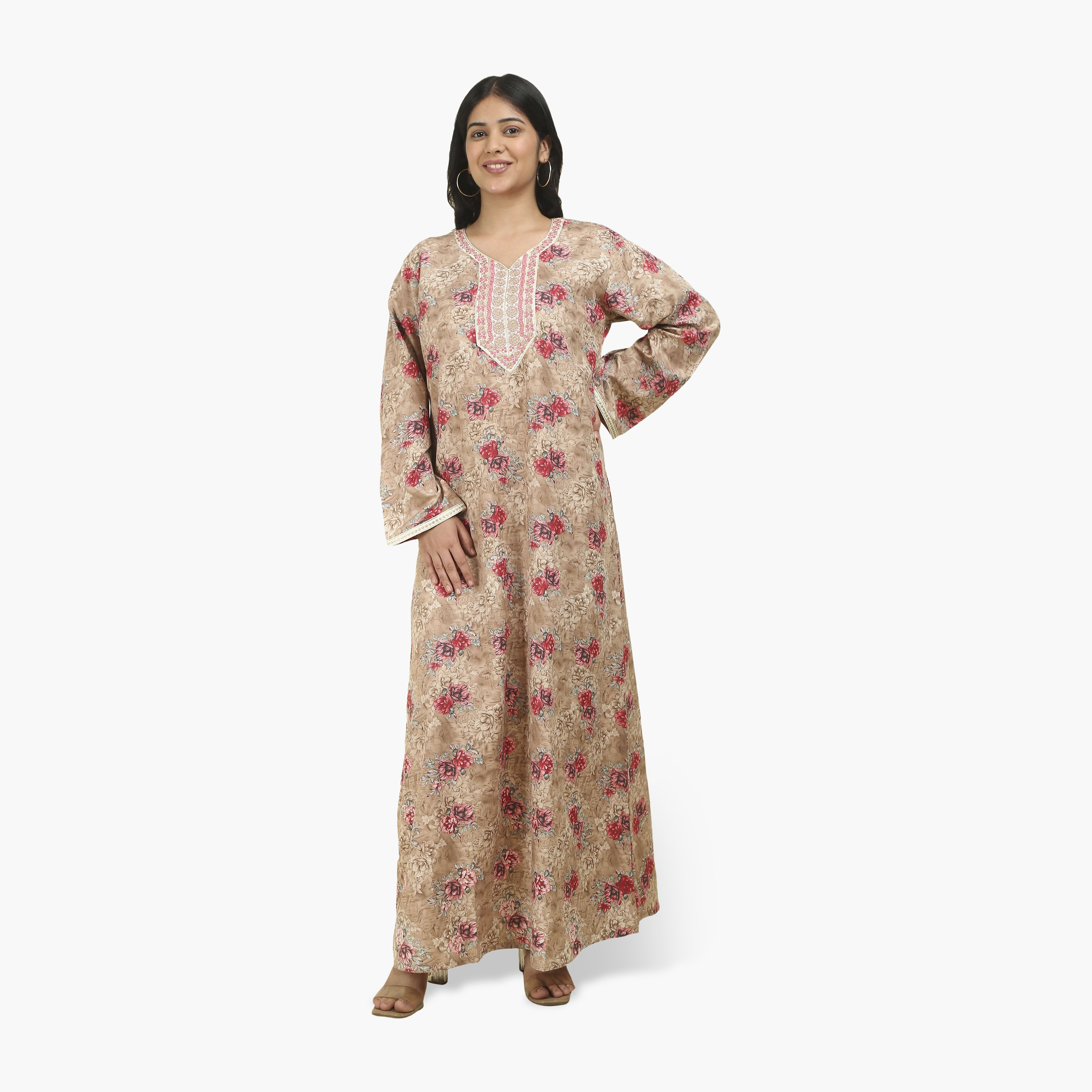 جلابية نسائية بصدرية مطرزة وطبعة زهور من هنا أند سارة-women-arabicclothing-jalabiyas-image-1