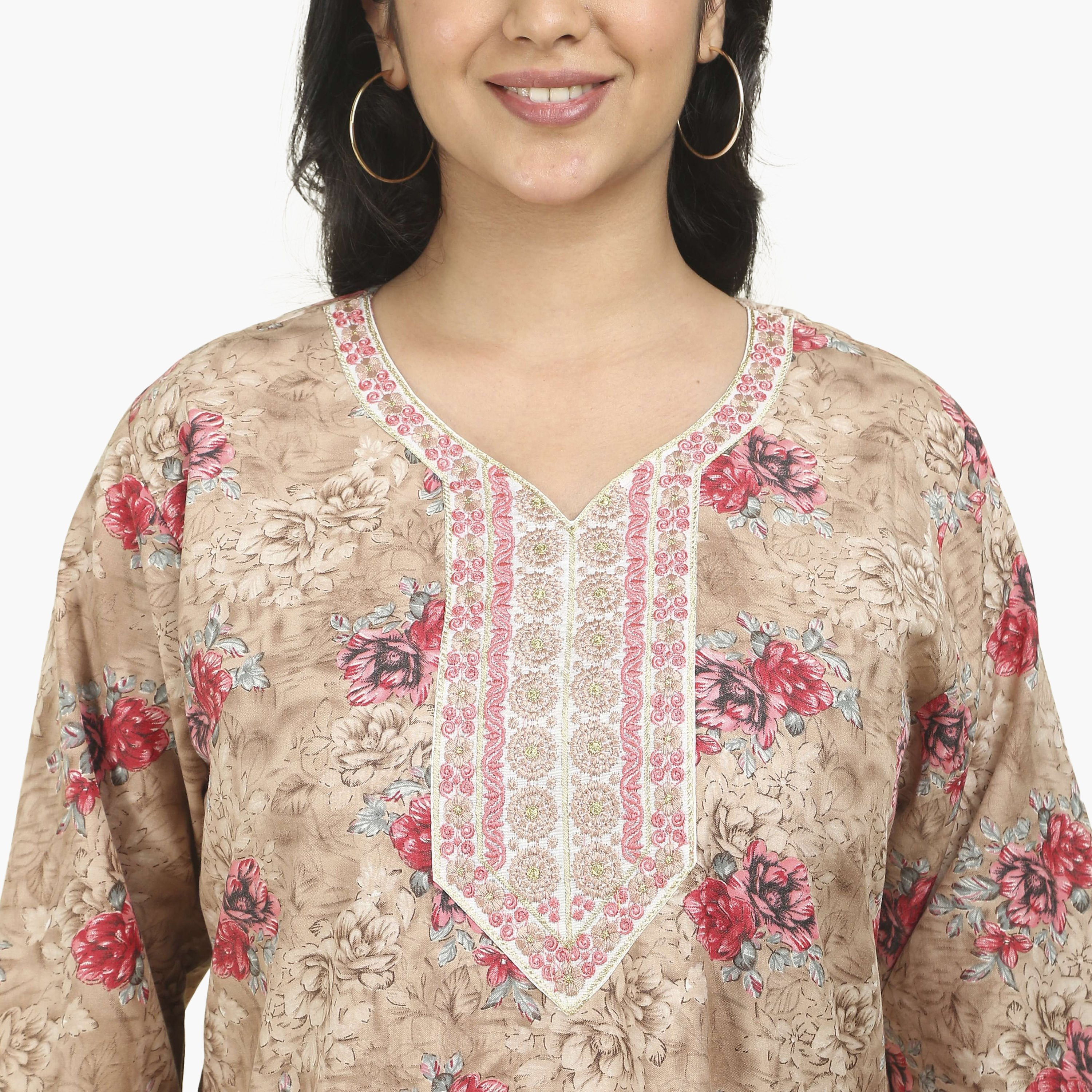 جلابية نسائية بصدرية مطرزة وطبعة زهور من هنا أند سارة-women-arabicclothing-jalabiyas-image-3