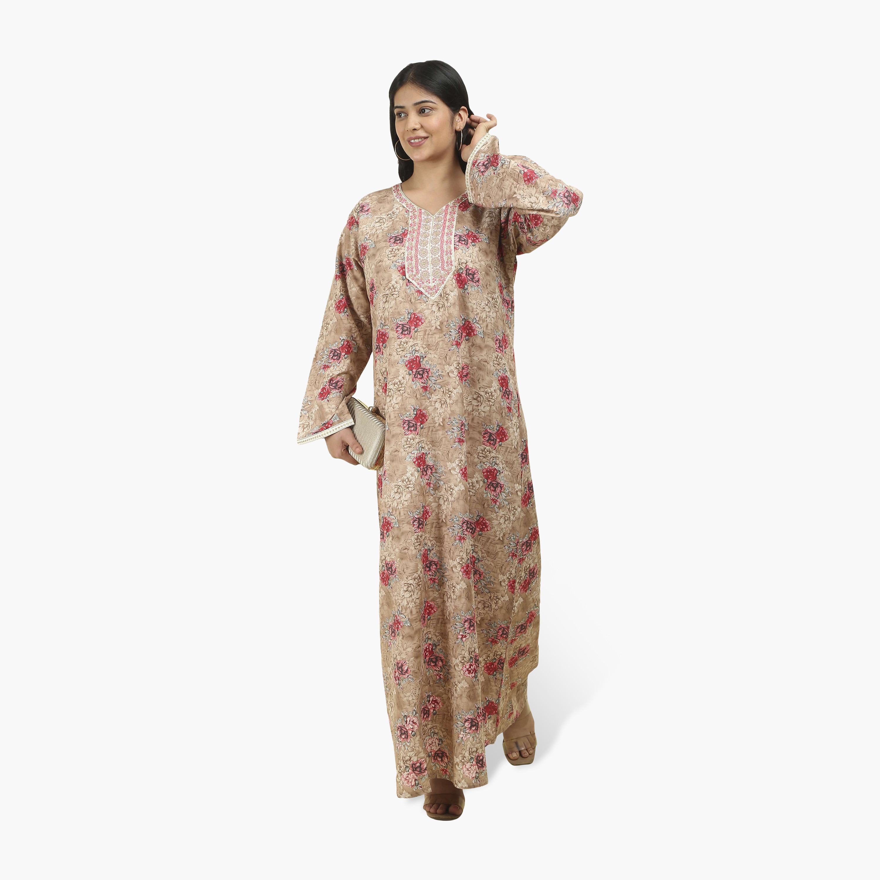 جلابية نسائية بصدرية مطرزة وطبعة زهور من هنا أند سارة-women-arabicclothing-jalabiyas-image-4