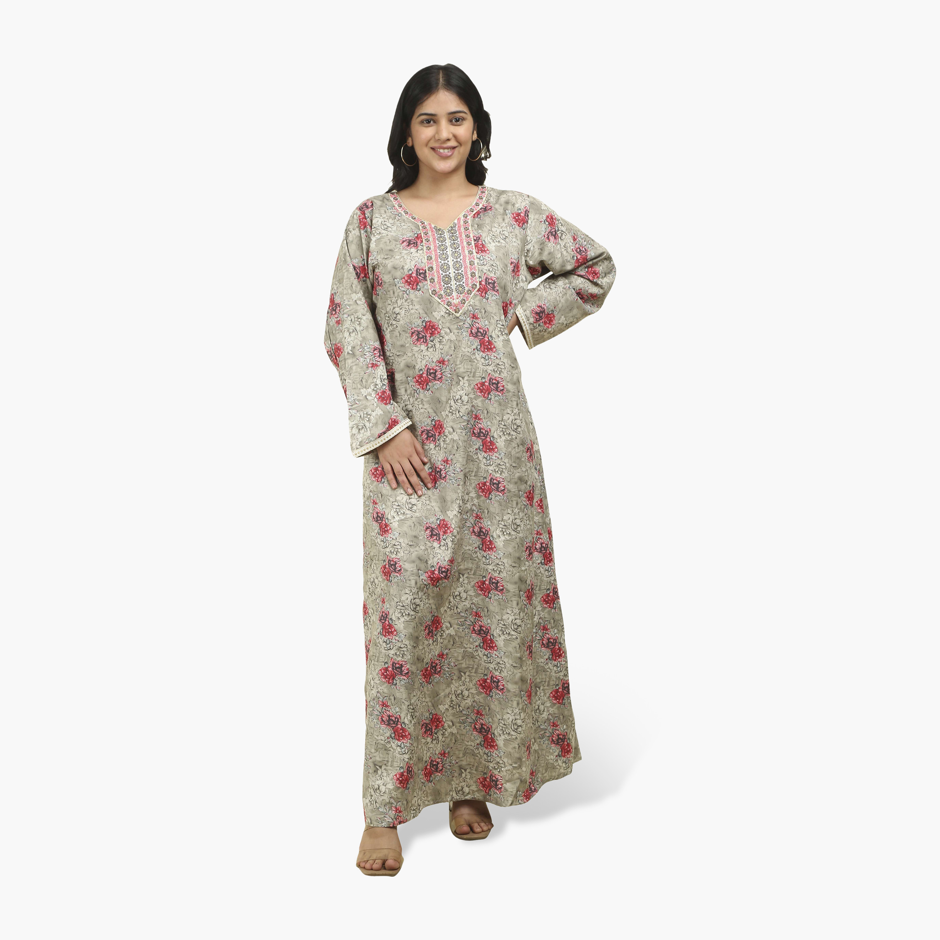 جلابية نسائية بصدرية مطرزة وطبعة زهور من هنا أند سارة-women-arabicclothing-jalabiyas-image-11