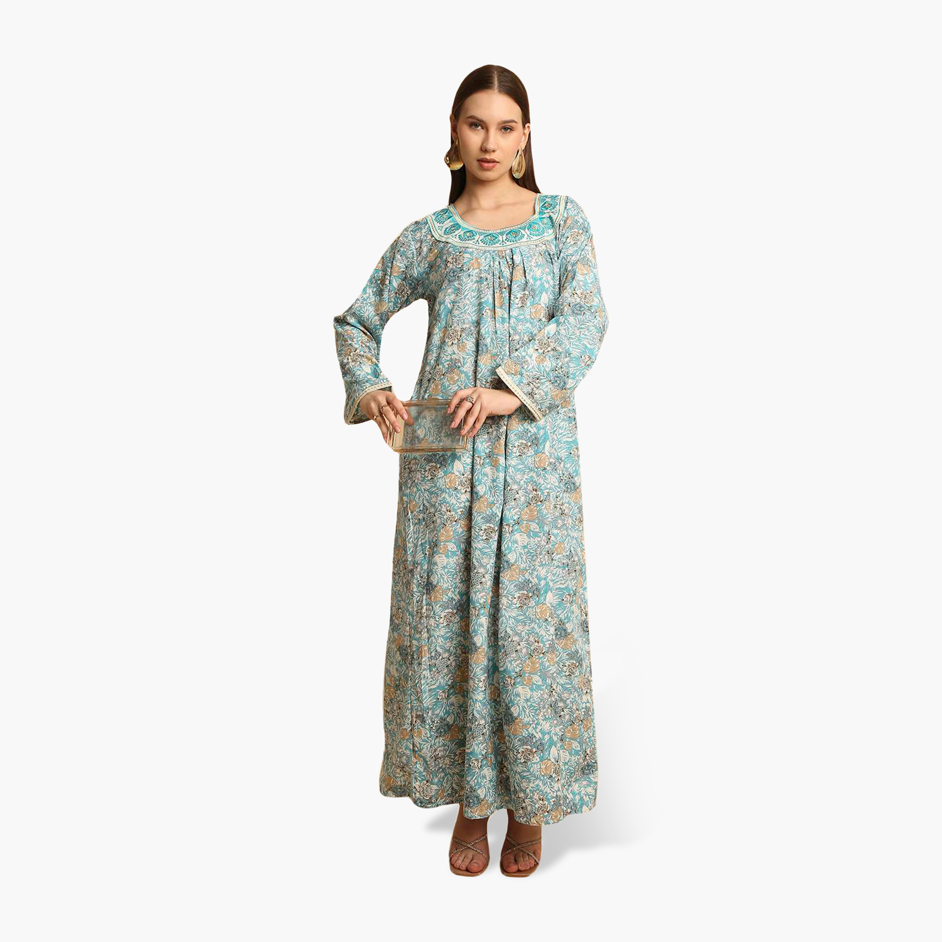 HanaandSara Floral Print Embroidered Neck Women's Jalabiya-women-arabicclothing-jalabiyas-image-1