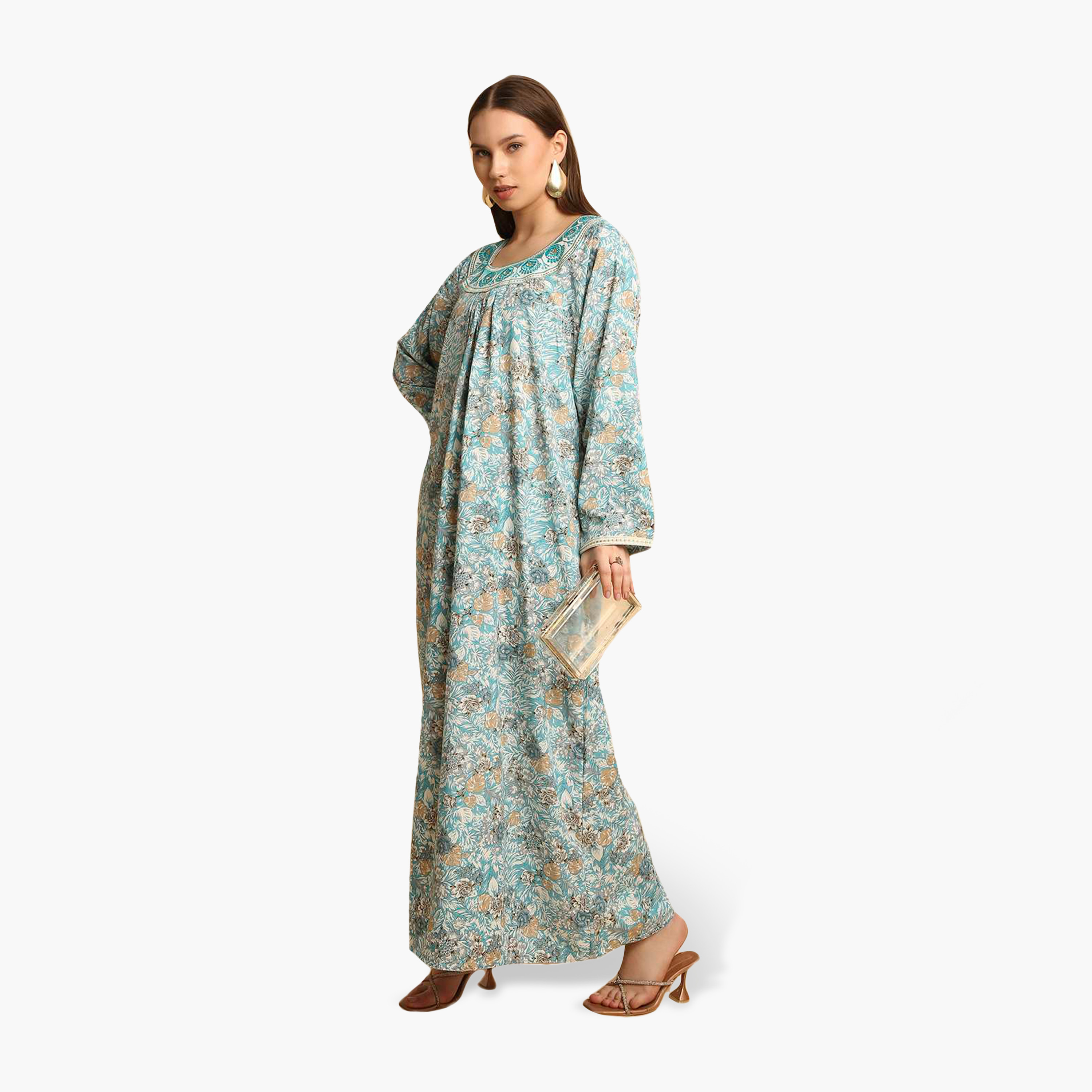 HanaandSara Floral Print Embroidered Neck Women's Jalabiya-women-arabicclothing-jalabiyas-image-3