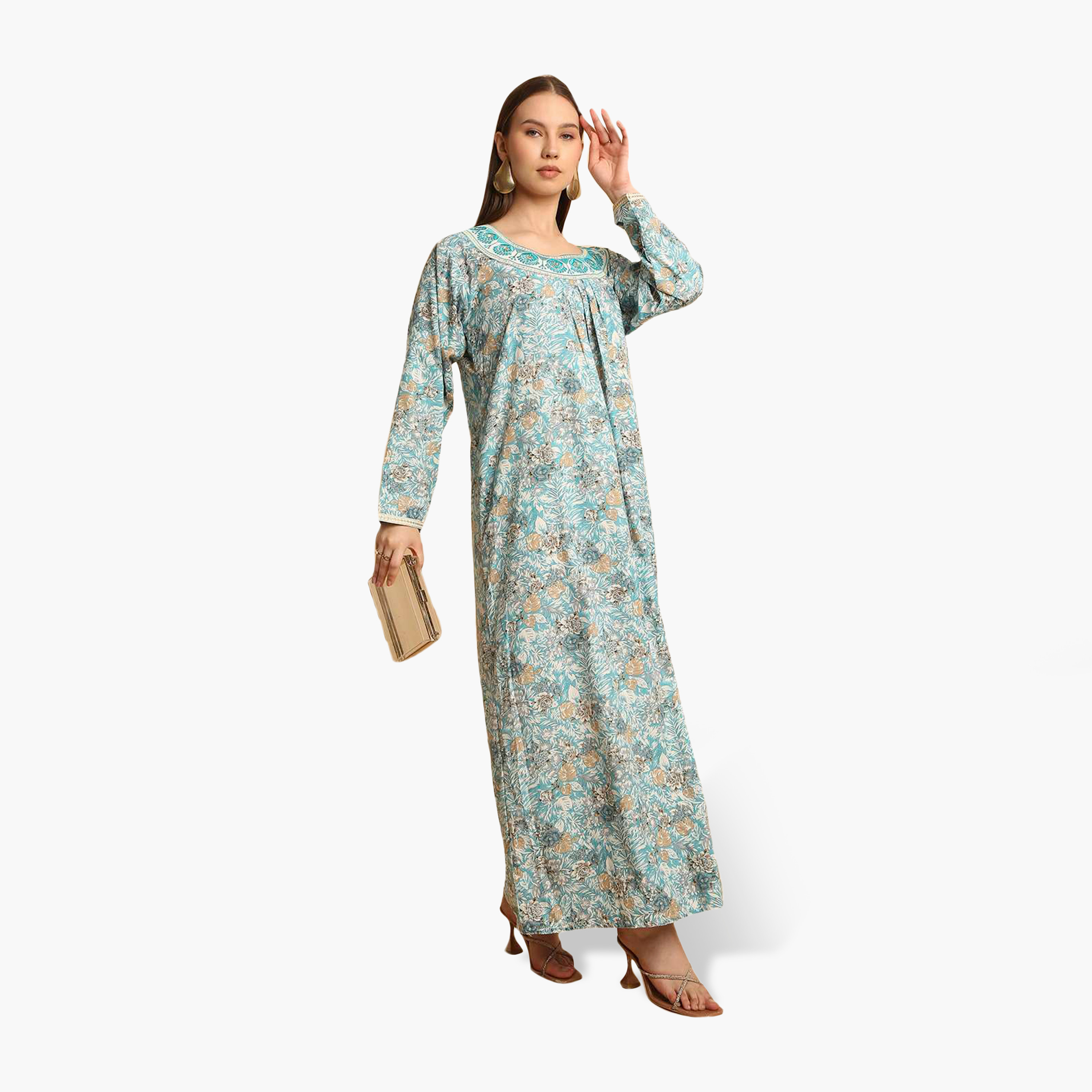 HanaandSara Floral Print Embroidered Neck Women's Jalabiya-women-arabicclothing-jalabiyas-image-4