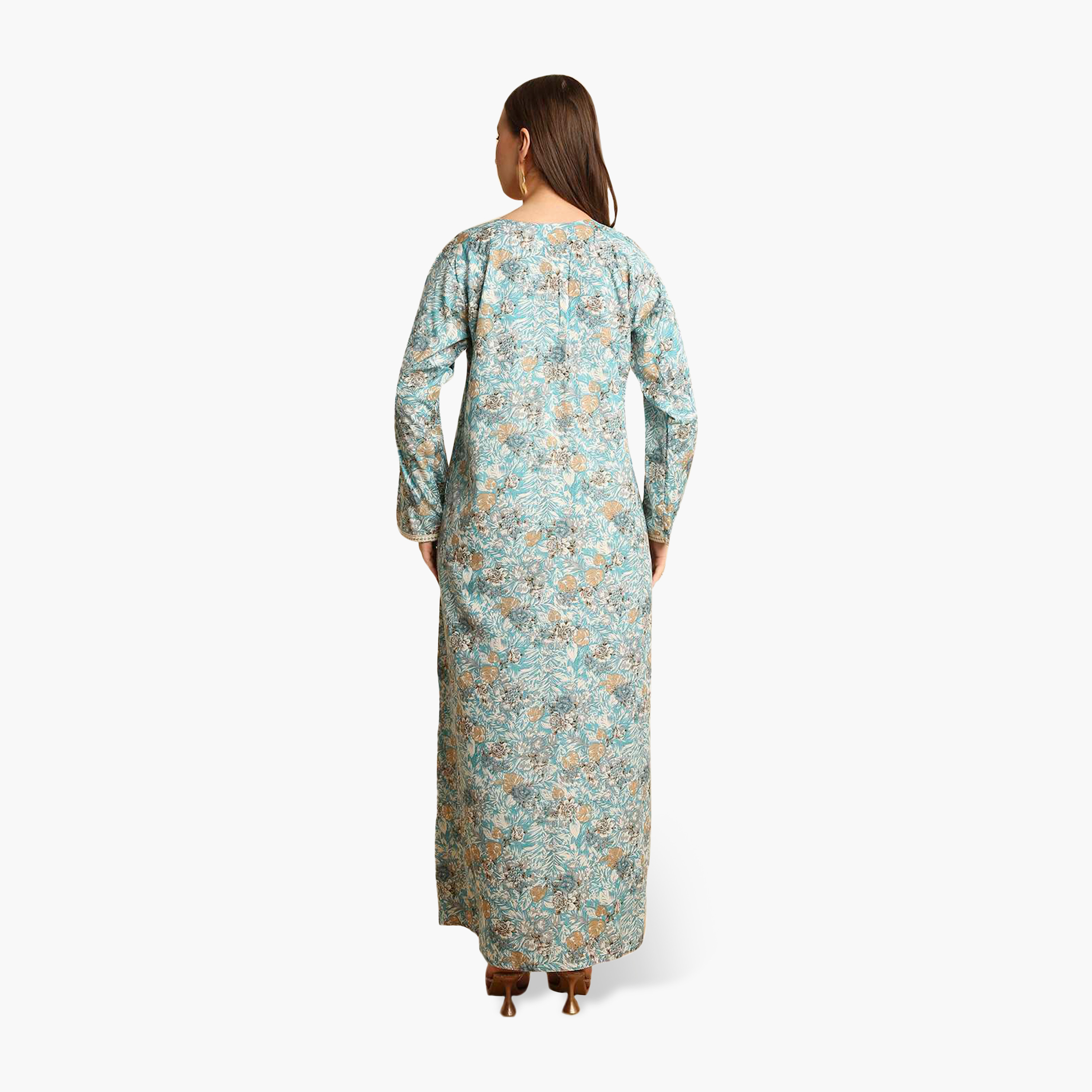 HanaandSara Floral Print Embroidered Neck Women's Jalabiya-women-arabicclothing-jalabiyas-image-5