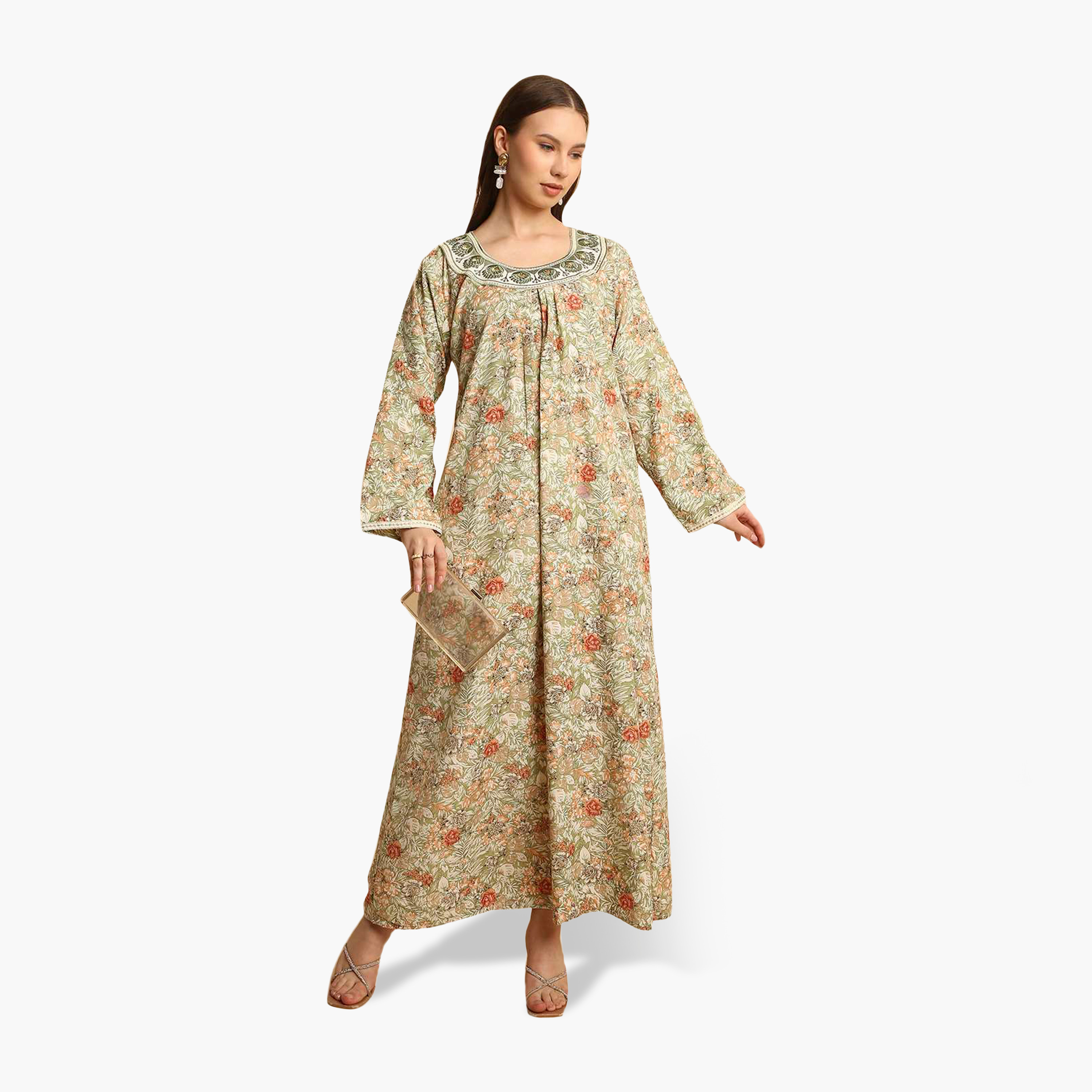 HanaandSara Floral Print Embroidered Neck Women's Jalabiya-women-arabicclothing-jalabiyas-image-6