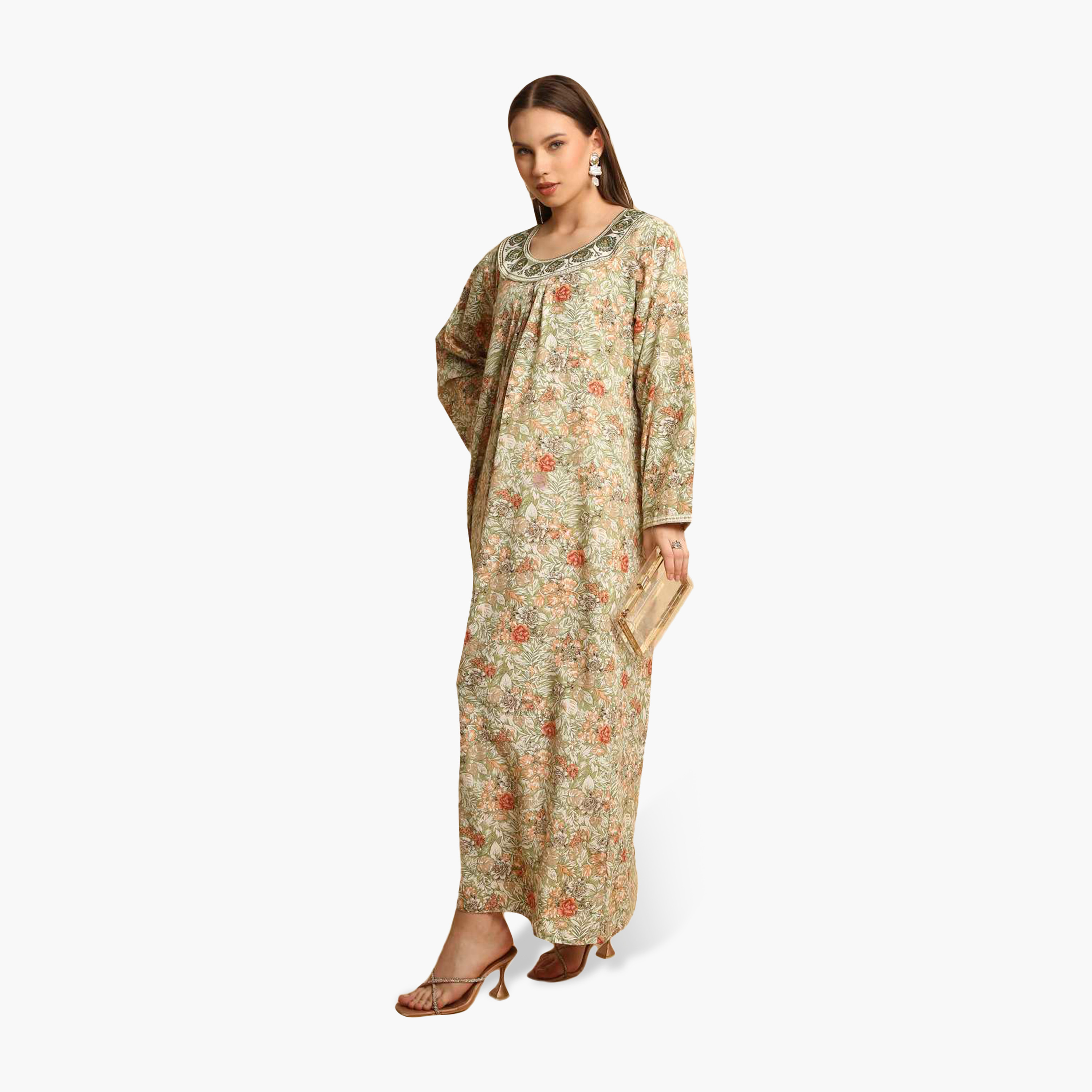 HanaandSara Floral Print Embroidered Neck Women's Jalabiya-women-arabicclothing-jalabiyas-image-3