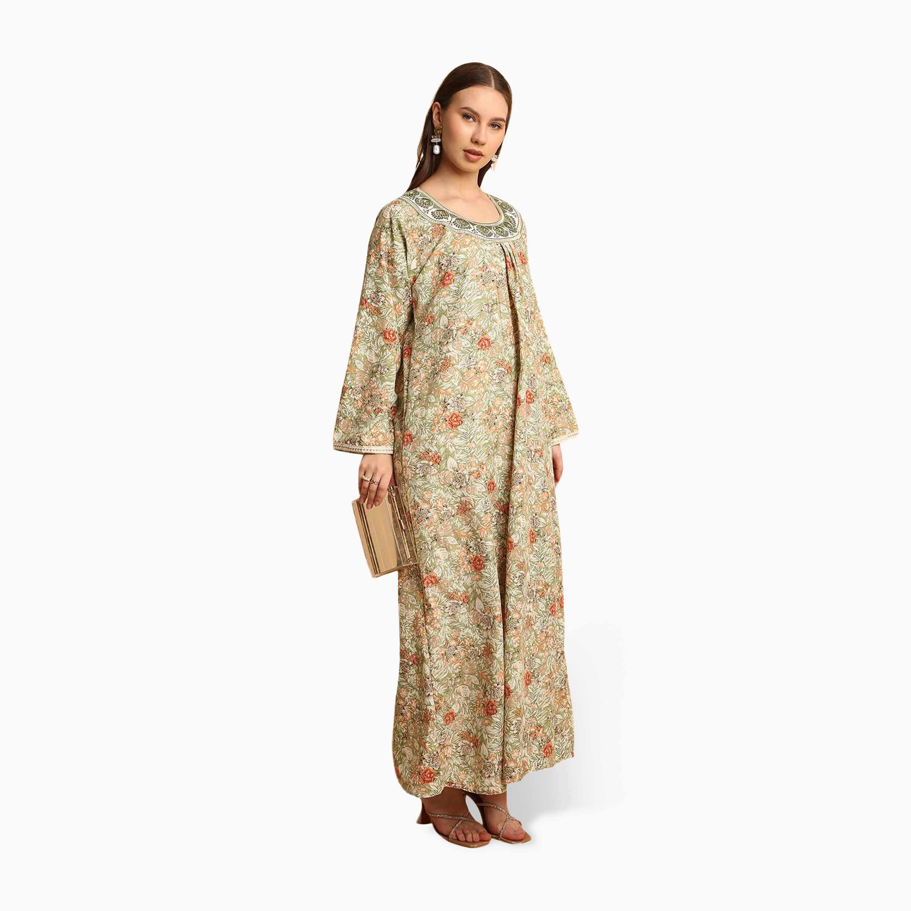 HanaandSara Floral Print Embroidered Neck Women's Jalabiya-women-arabicclothing-jalabiyas-image-4