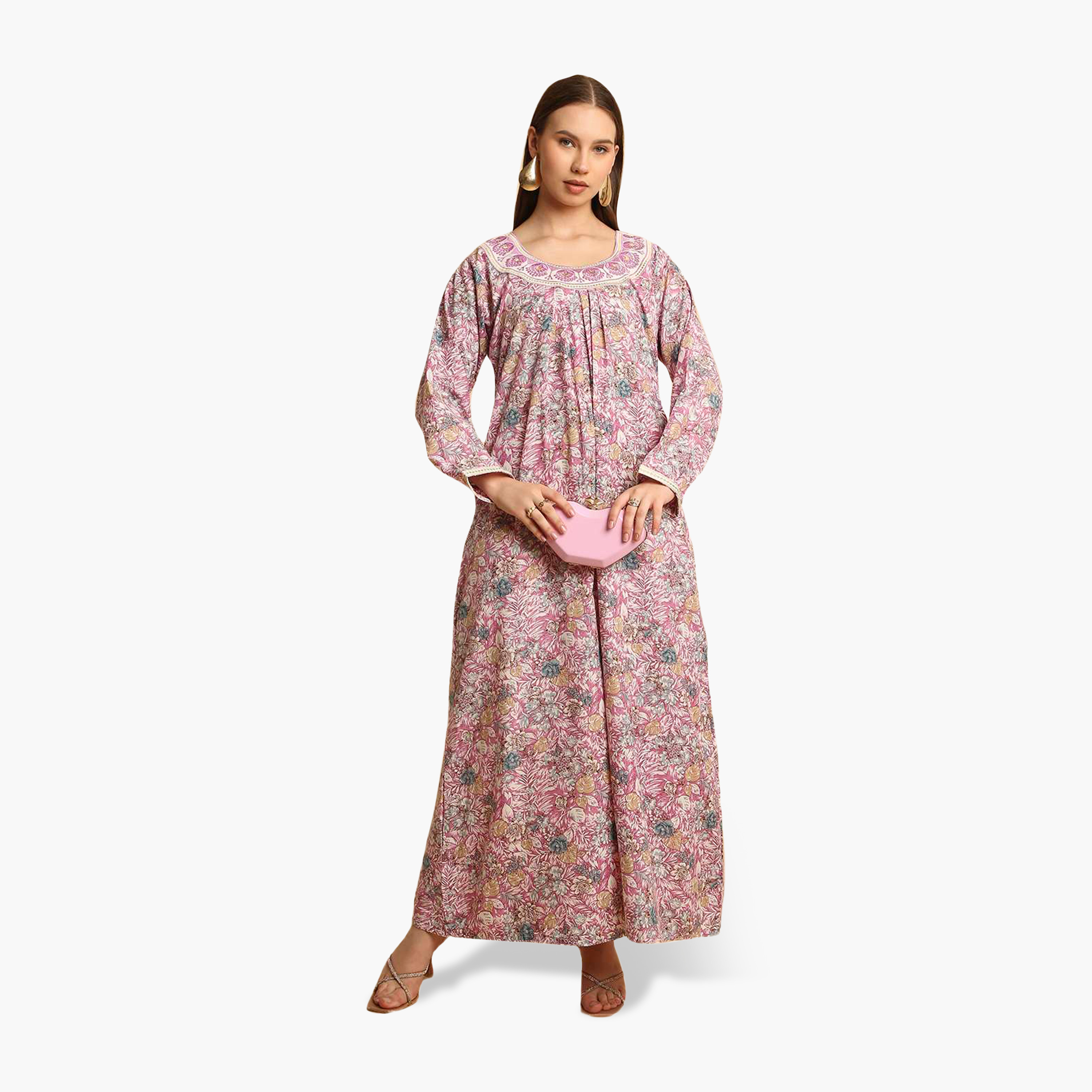 HanaandSara Floral Print Embroidered Neck Women's Jalabiya-women-arabicclothing-jalabiyas-image-11