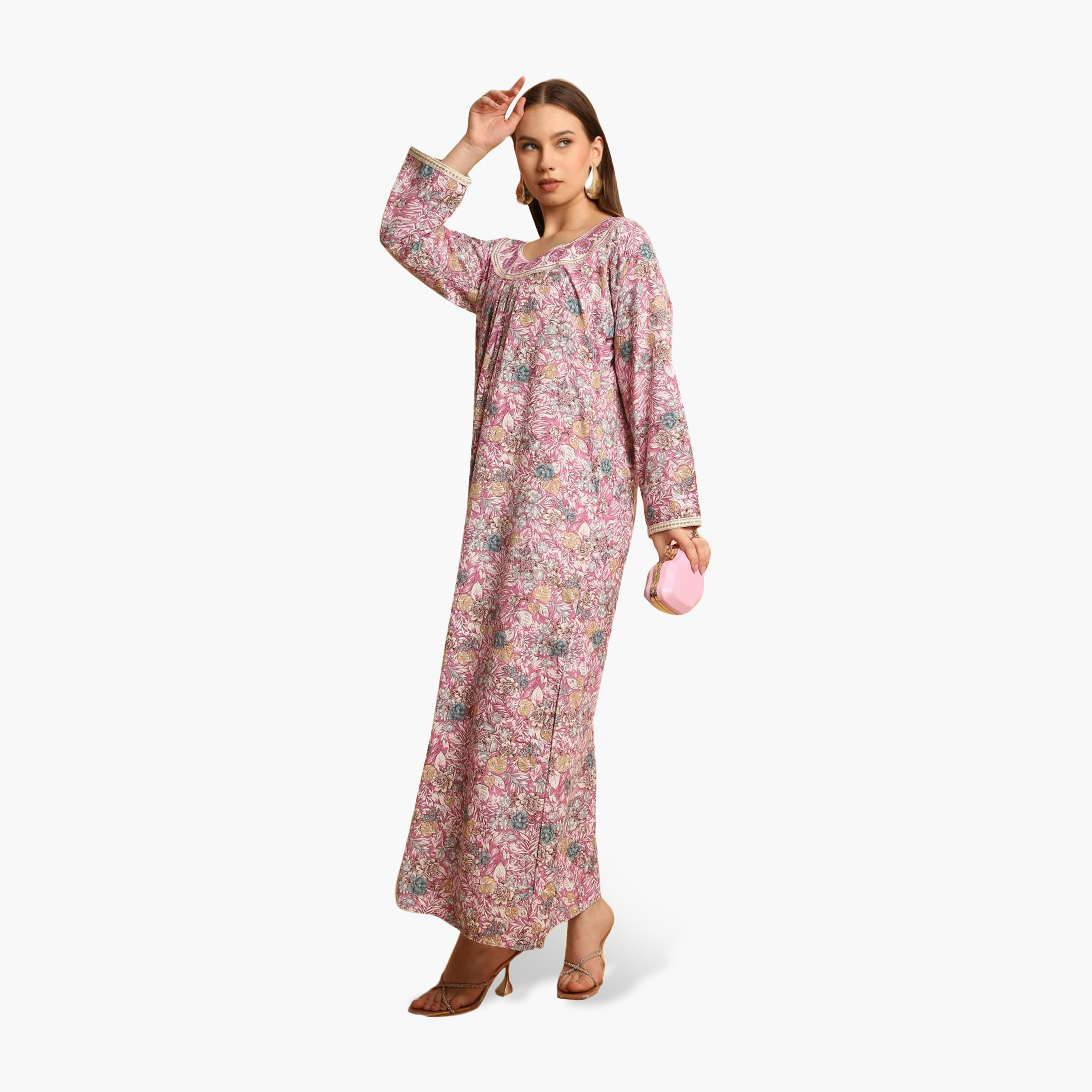 HanaandSara Floral Print Embroidered Neck Women's Jalabiya-women-arabicclothing-jalabiyas-image-13