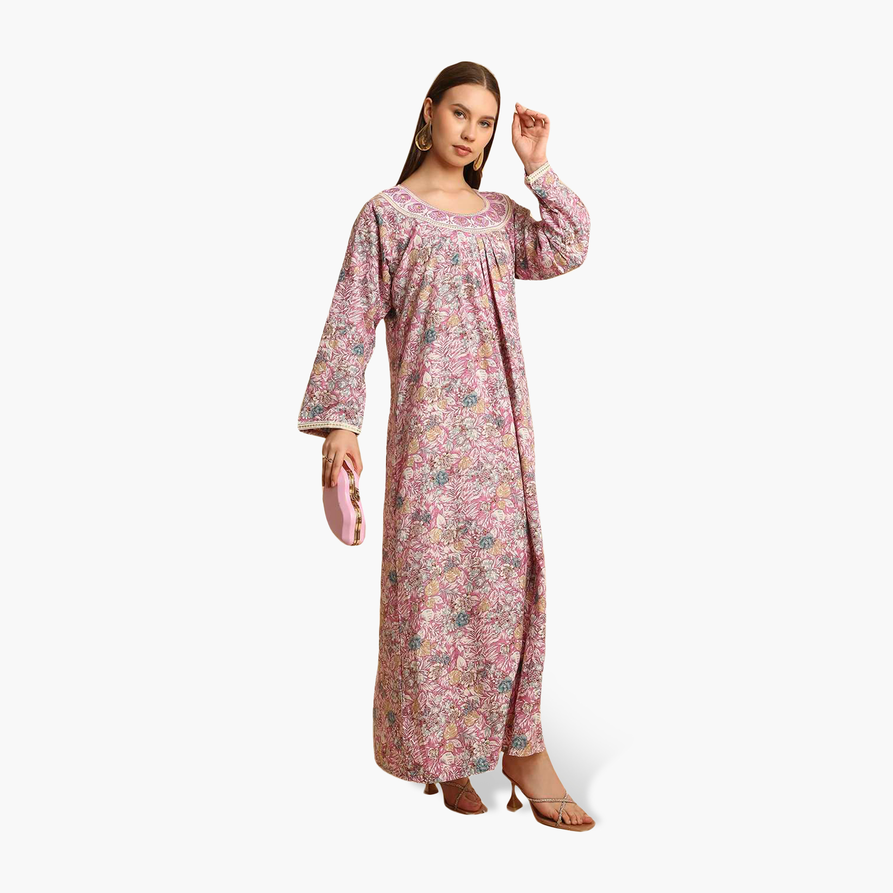 HanaandSara Floral Print Embroidered Neck Women's Jalabiya-women-arabicclothing-jalabiyas-image-14