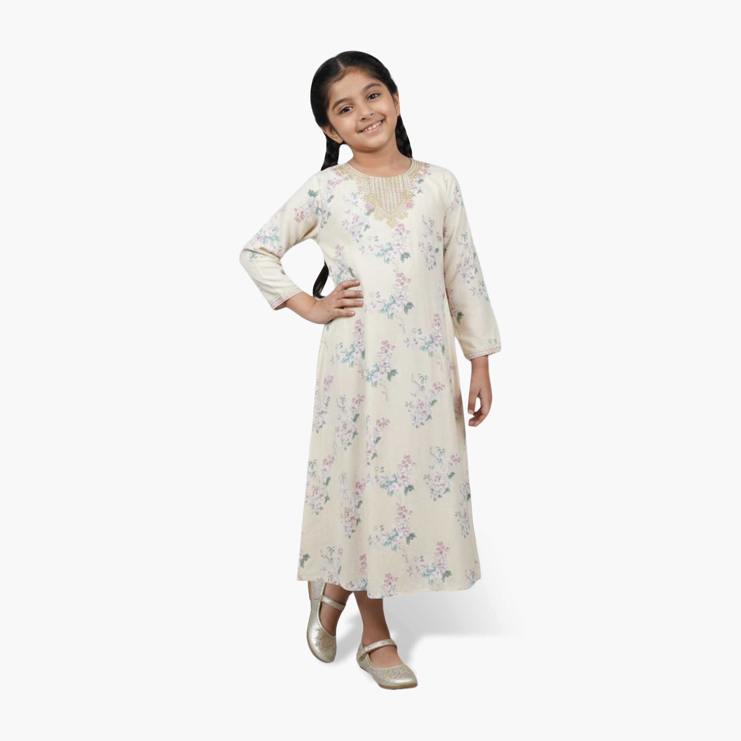 جلابية بناتي بصدرية مطرزة وطبعة زهور من هنا أند سارة-girls-arabicclothing-jalabiyas-image-2