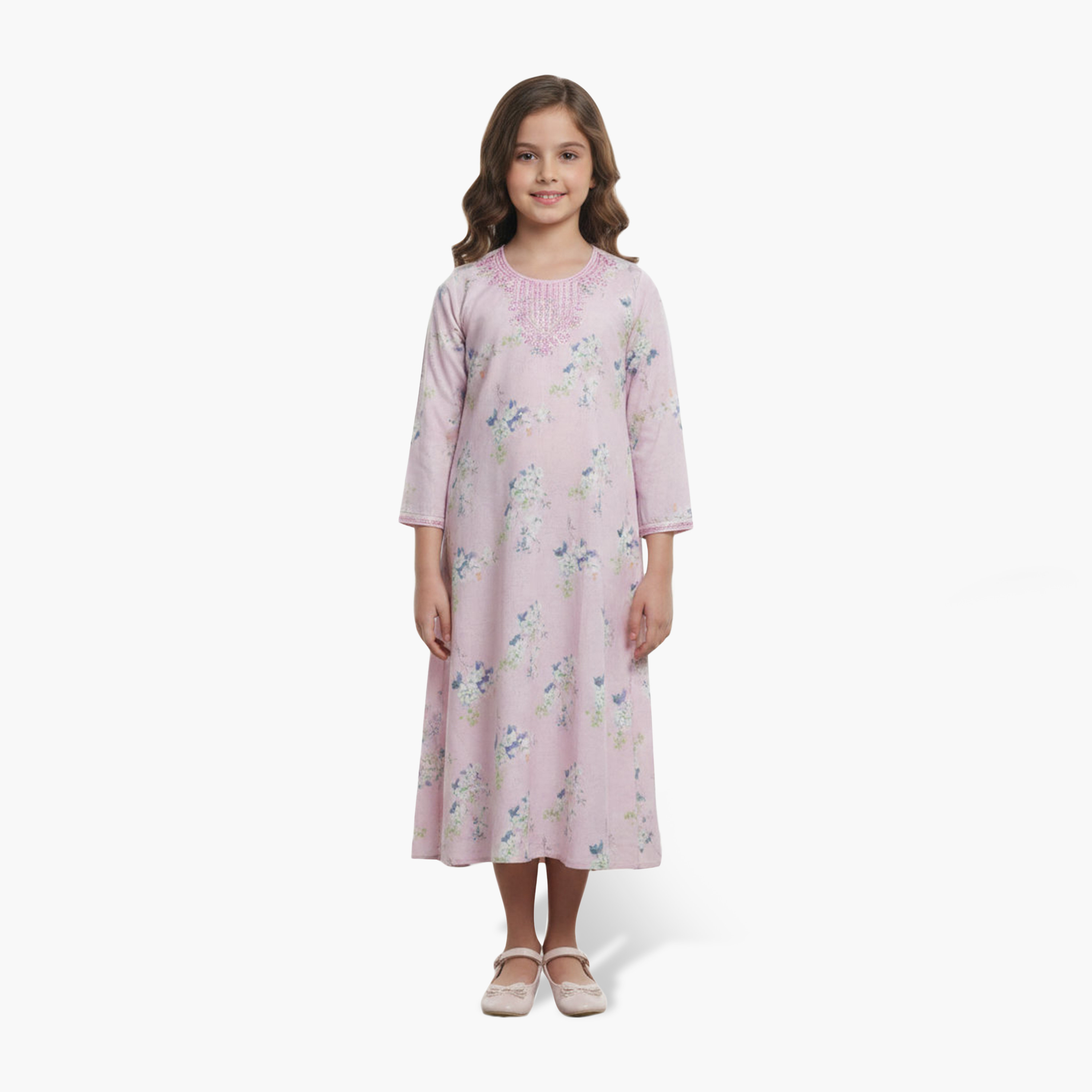 جلابية بناتي بصدرية مطرزة وطبعة زهور من هنا أند سارة-girls-arabicclothing-jalabiyas-image-5