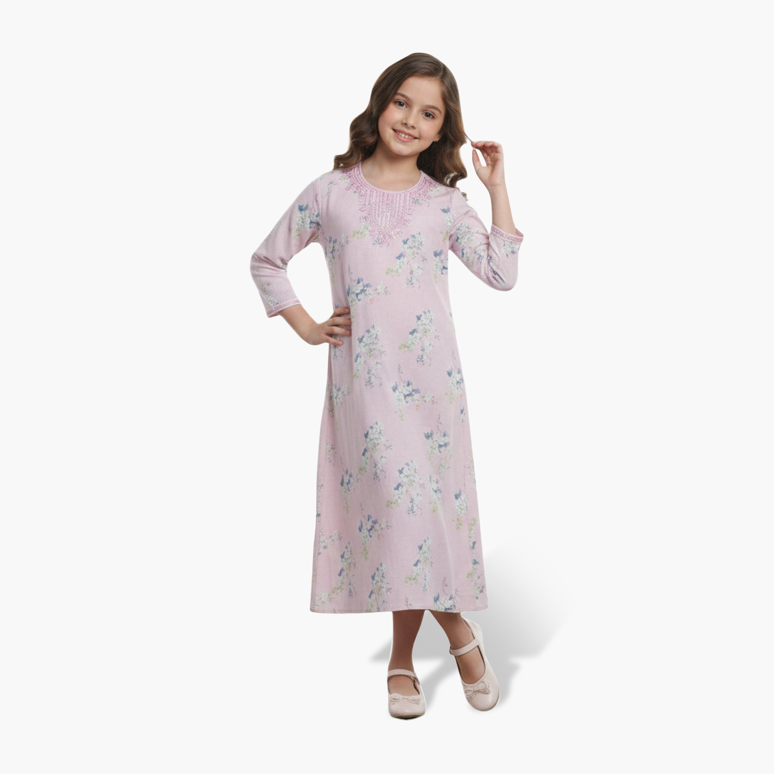 جلابية بناتي بصدرية مطرزة وطبعة زهور من هنا أند سارة-girls-arabicclothing-jalabiyas-image-7