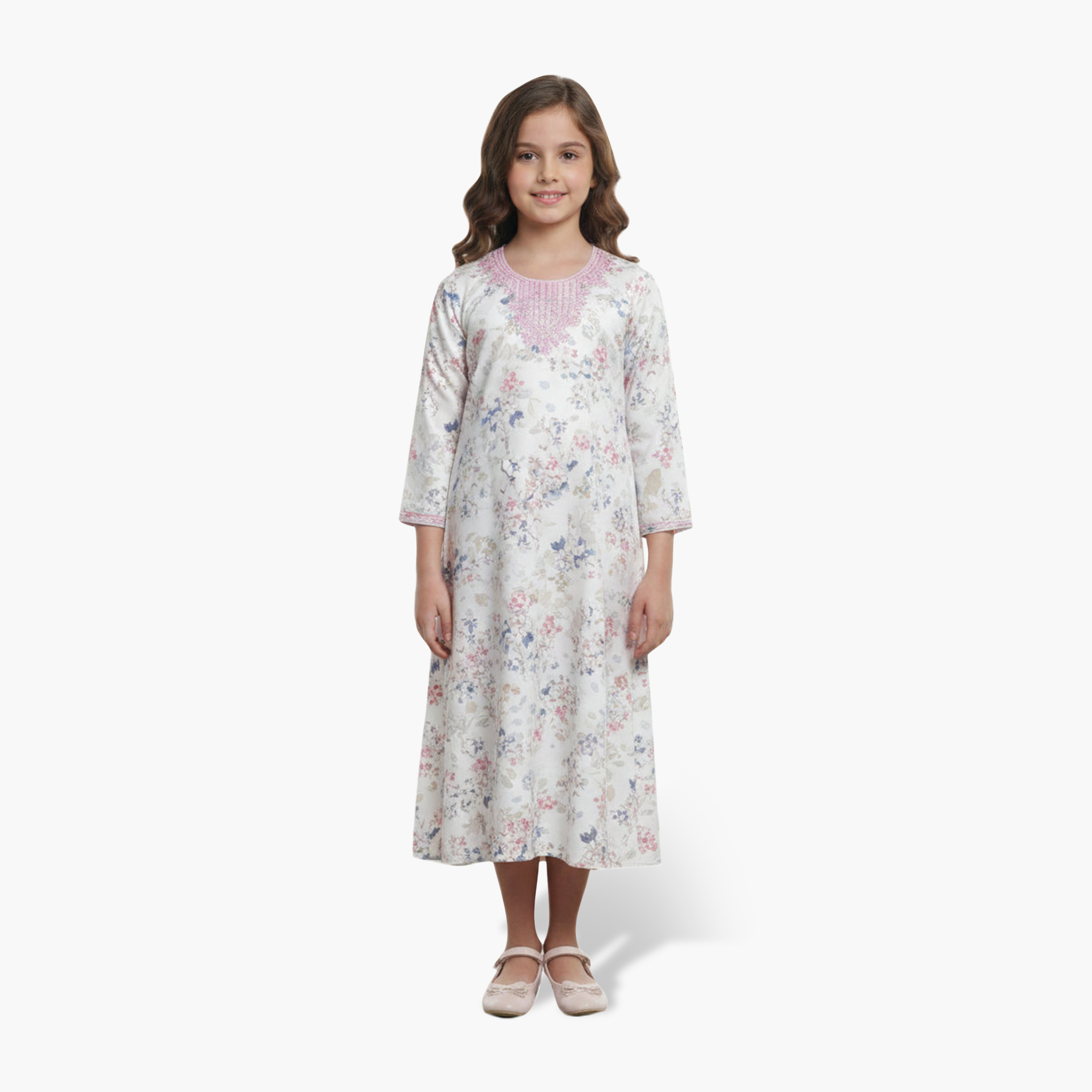 HanaandSara White Embroidered Yoke Floral Print Girls Jalabiya-girls-arabicclothing-jalabiyas-image-1