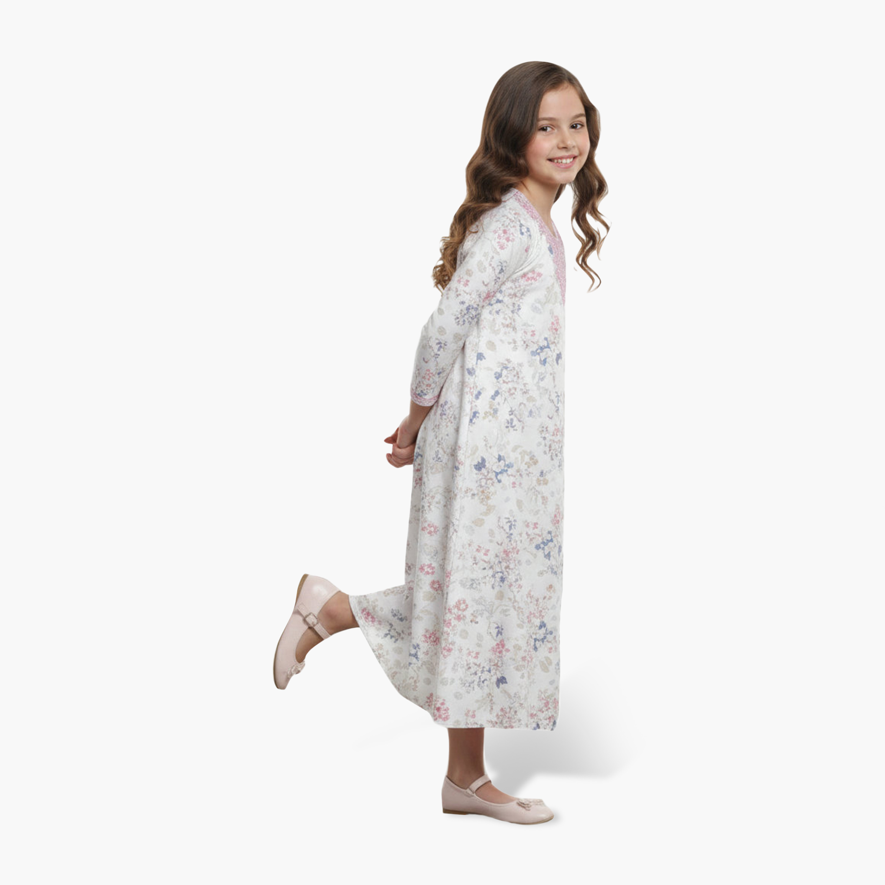 HanaandSara White Embroidered Yoke Floral Print Girls Jalabiya-girls-arabicclothing-jalabiyas-image-2