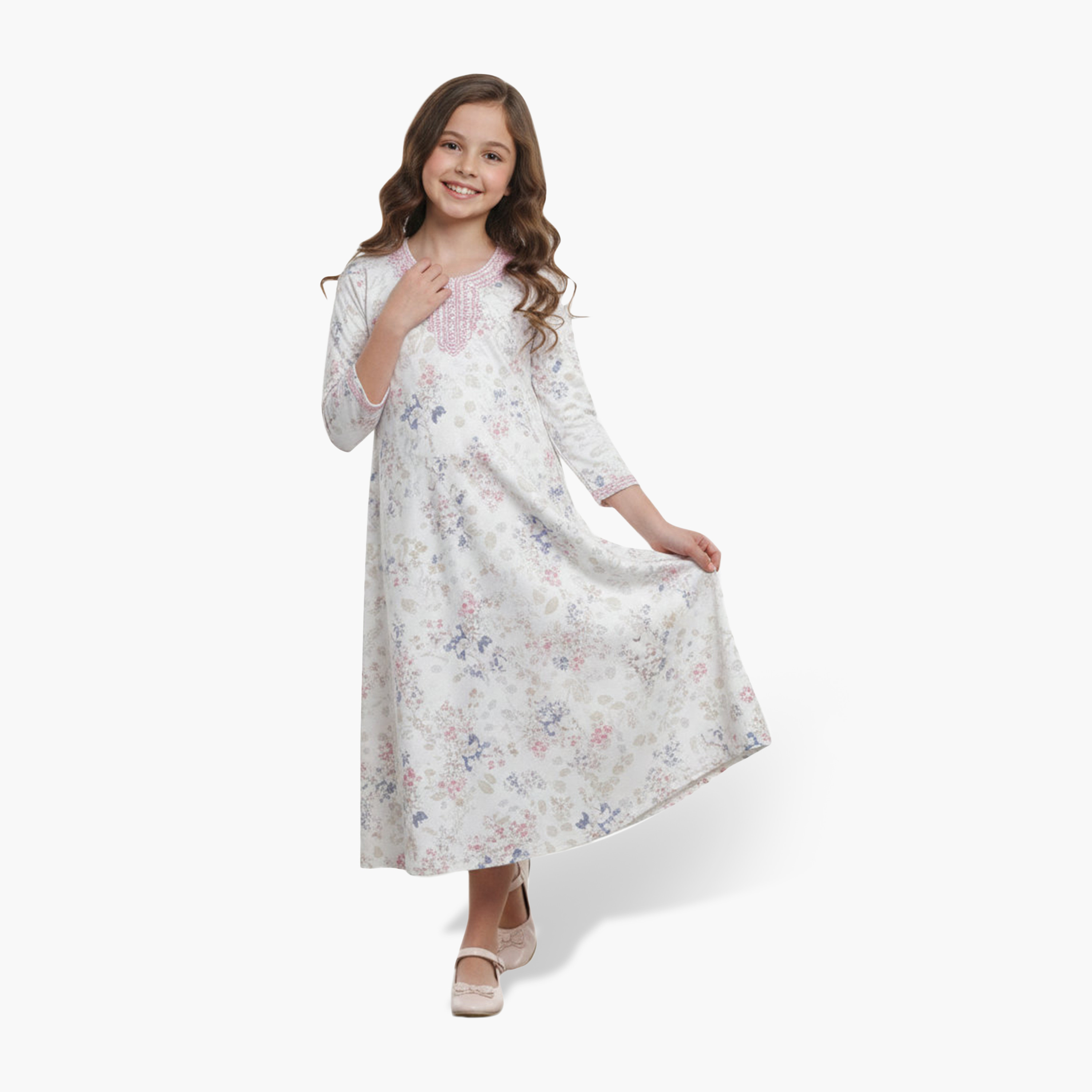 HanaandSara White Embroidered Yoke Floral Print Girls Jalabiya-girls-arabicclothing-jalabiyas-image-3