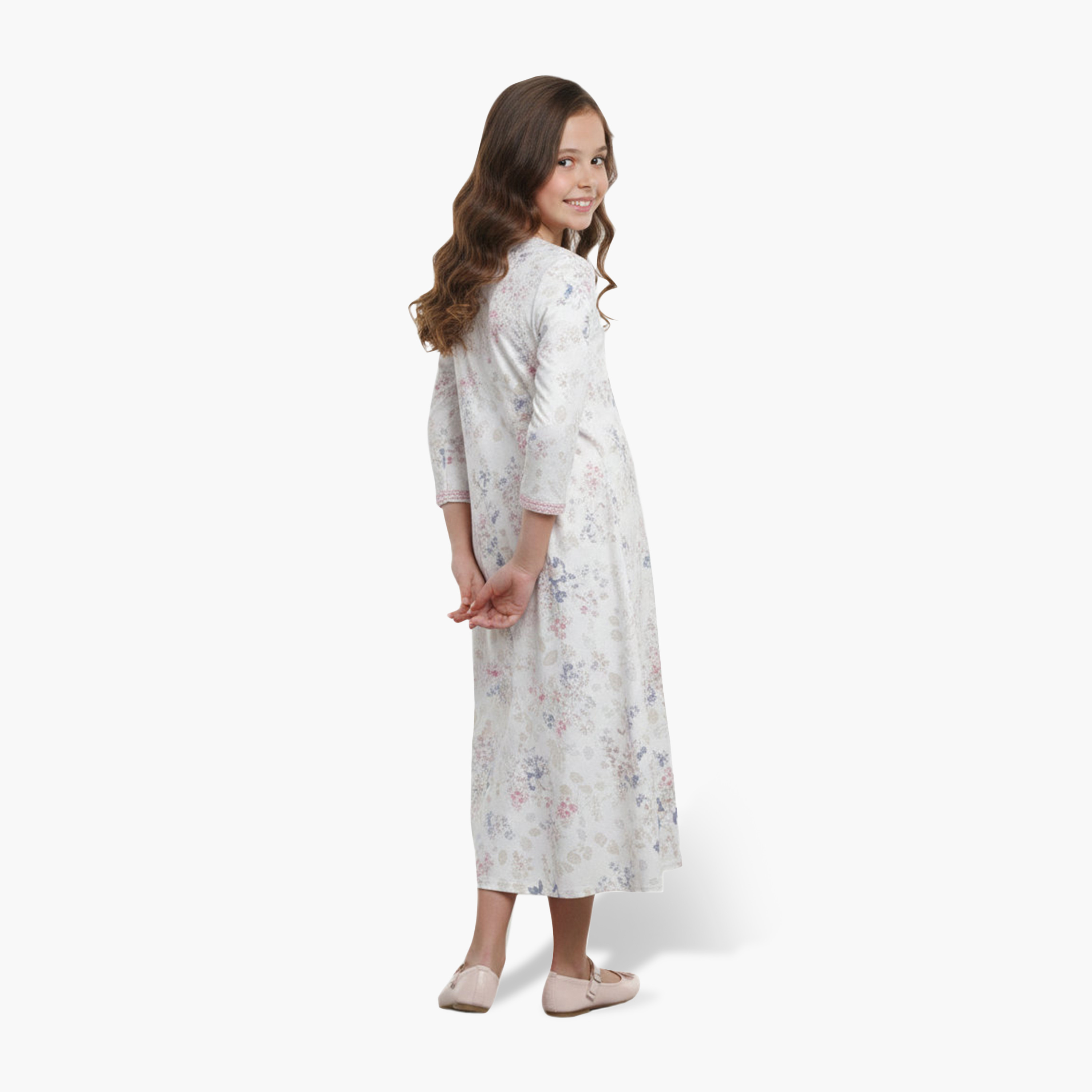 HanaandSara White Embroidered Yoke Floral Print Girls Jalabiya-girls-arabicclothing-jalabiyas-image-4