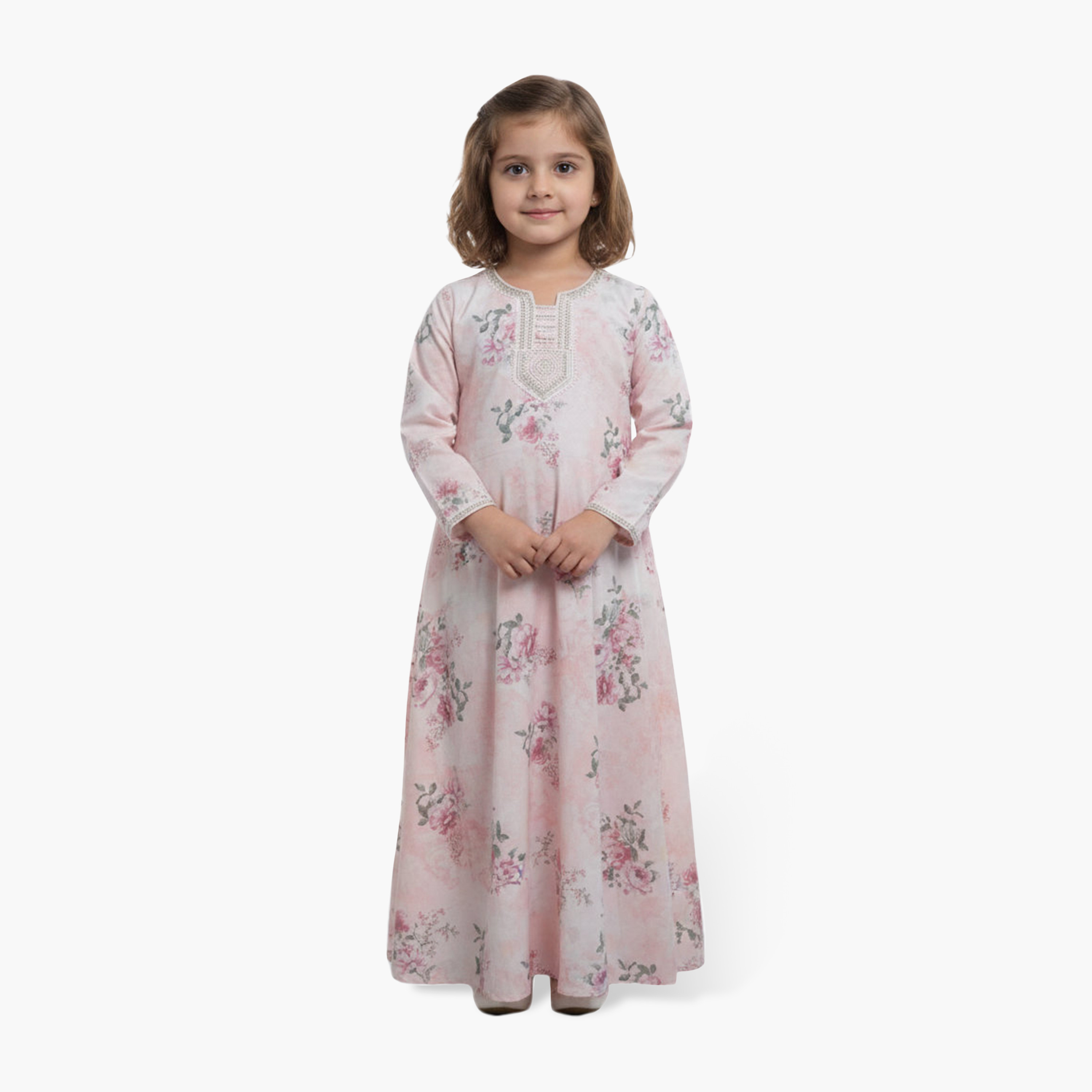 جلابية بناتي بطبعة زهور - وردي من هنا أند سارة-girls-arabicclothing-jalabiyas-image-1